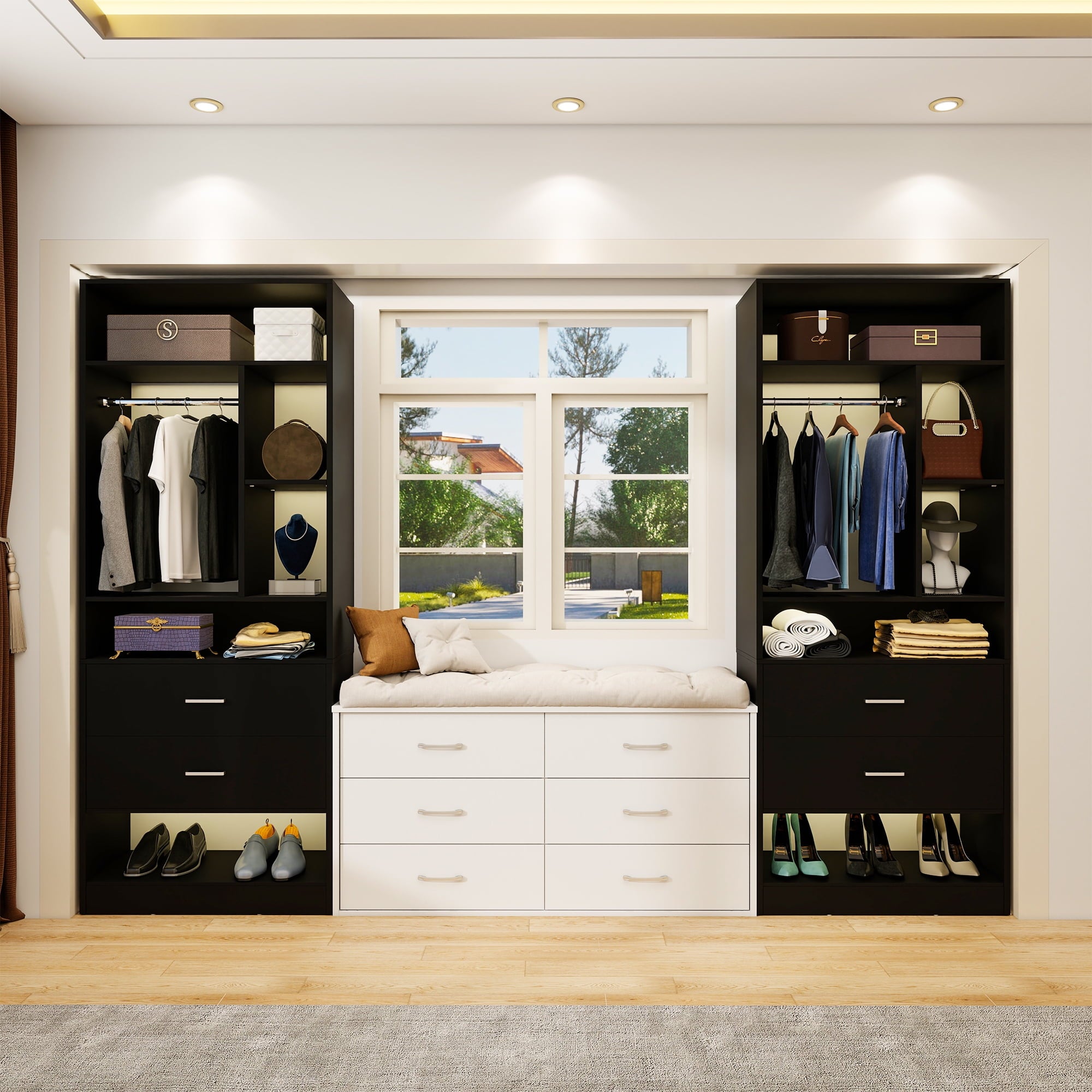 Homieasy Freestanding 24 Closet System with 2 Wood Drawers, 2FT Small Closet Organizer System with 6 Shelves & Hanging Rod, Walk-in Closet Systems for Small Closets, White