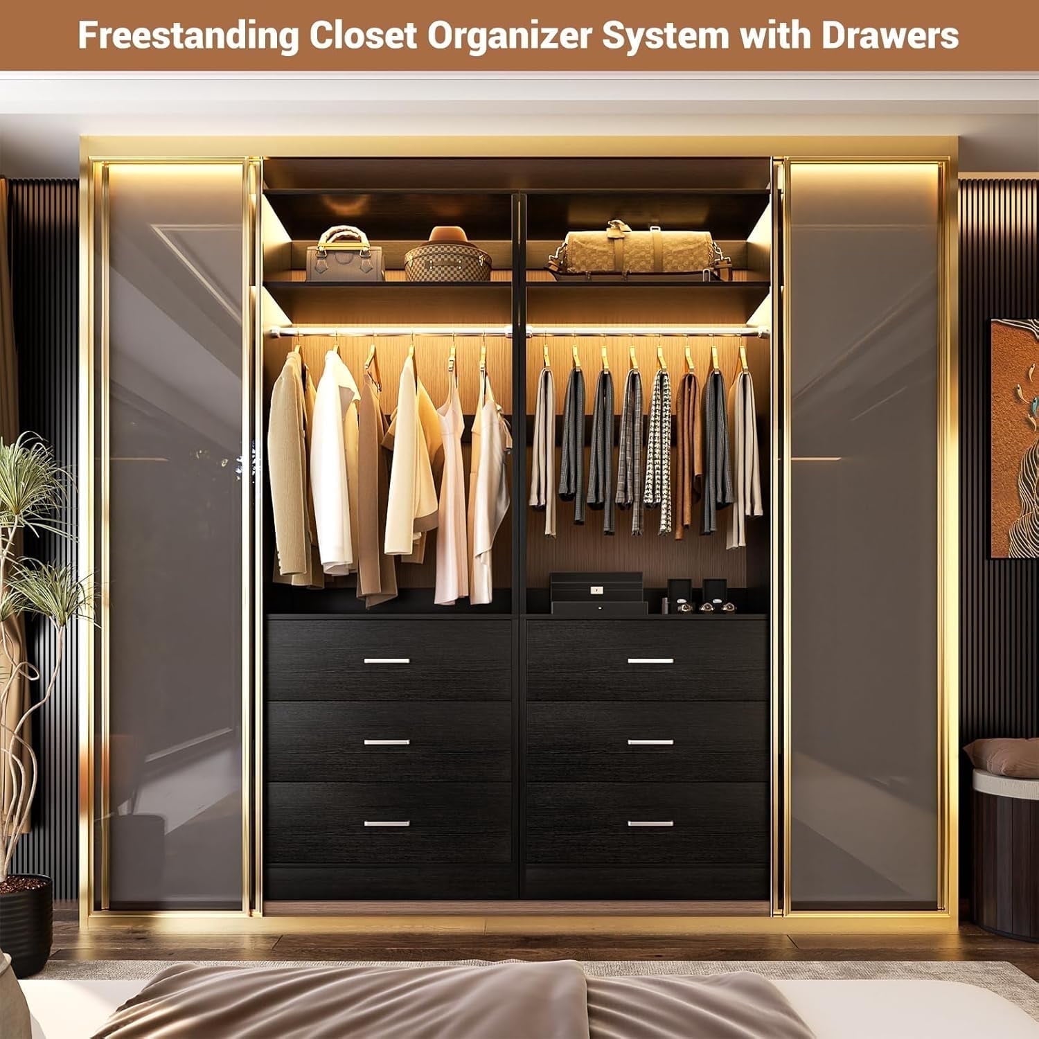 Homieasy Freestanding 2FT Closet System with 3 Wood Drawers, 24 Closet Organizer System with Hanging Rod & Shelves, Walk-in Closet Systems for Small Closets, White