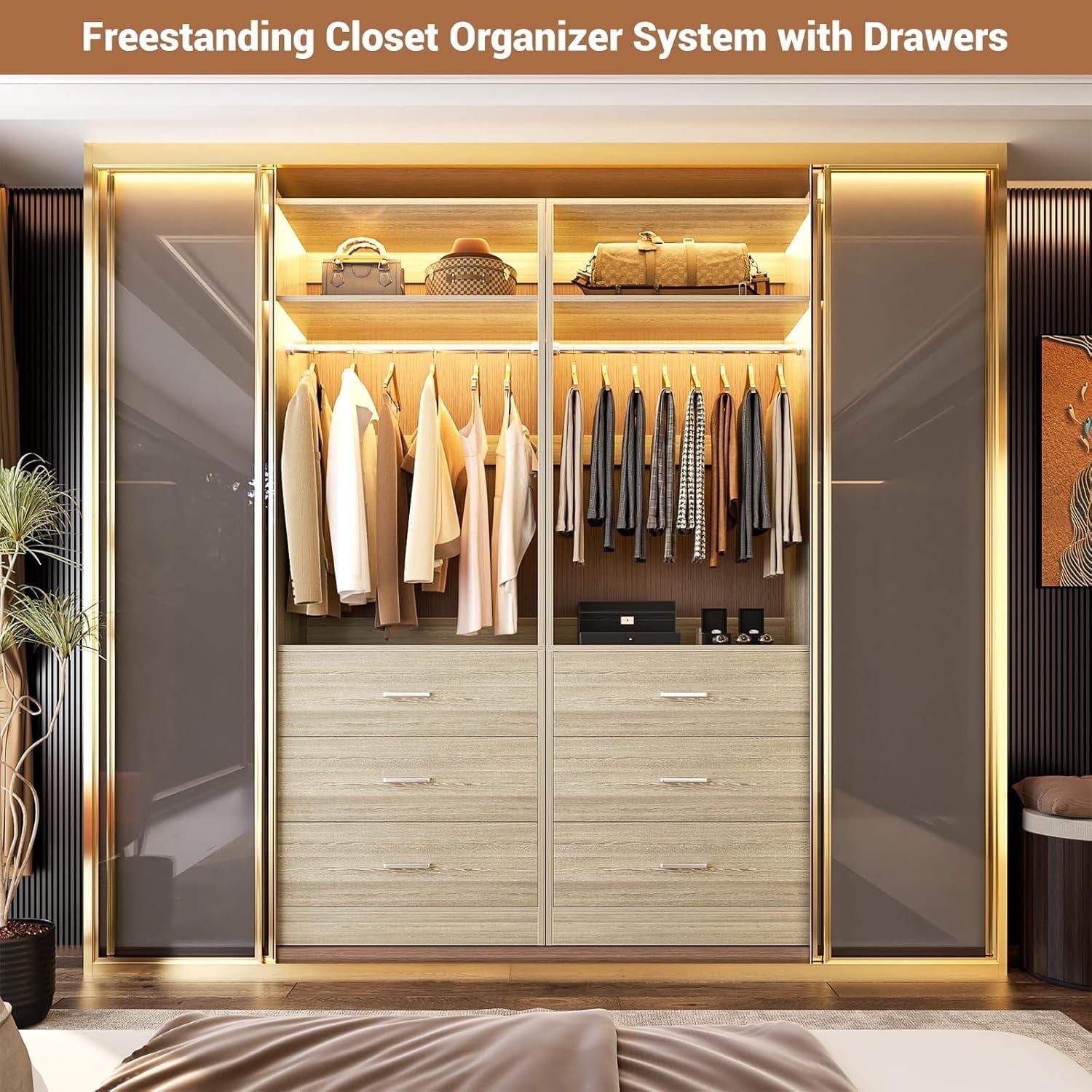 Homieasy Freestanding 2FT Closet System with 3 Wood Drawers, 24 Closet Organizer System with Hanging Rod & Shelves, Walk-in Closet Systems for Small Closets, White