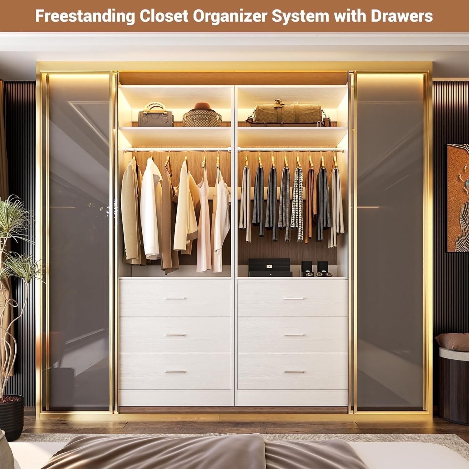 Homieasy Freestanding 2FT Closet System with 3 Wood Drawers, 24 Closet Organizer System with Hanging Rod & Shelves, Walk-in Closet Systems for Small Closets, White