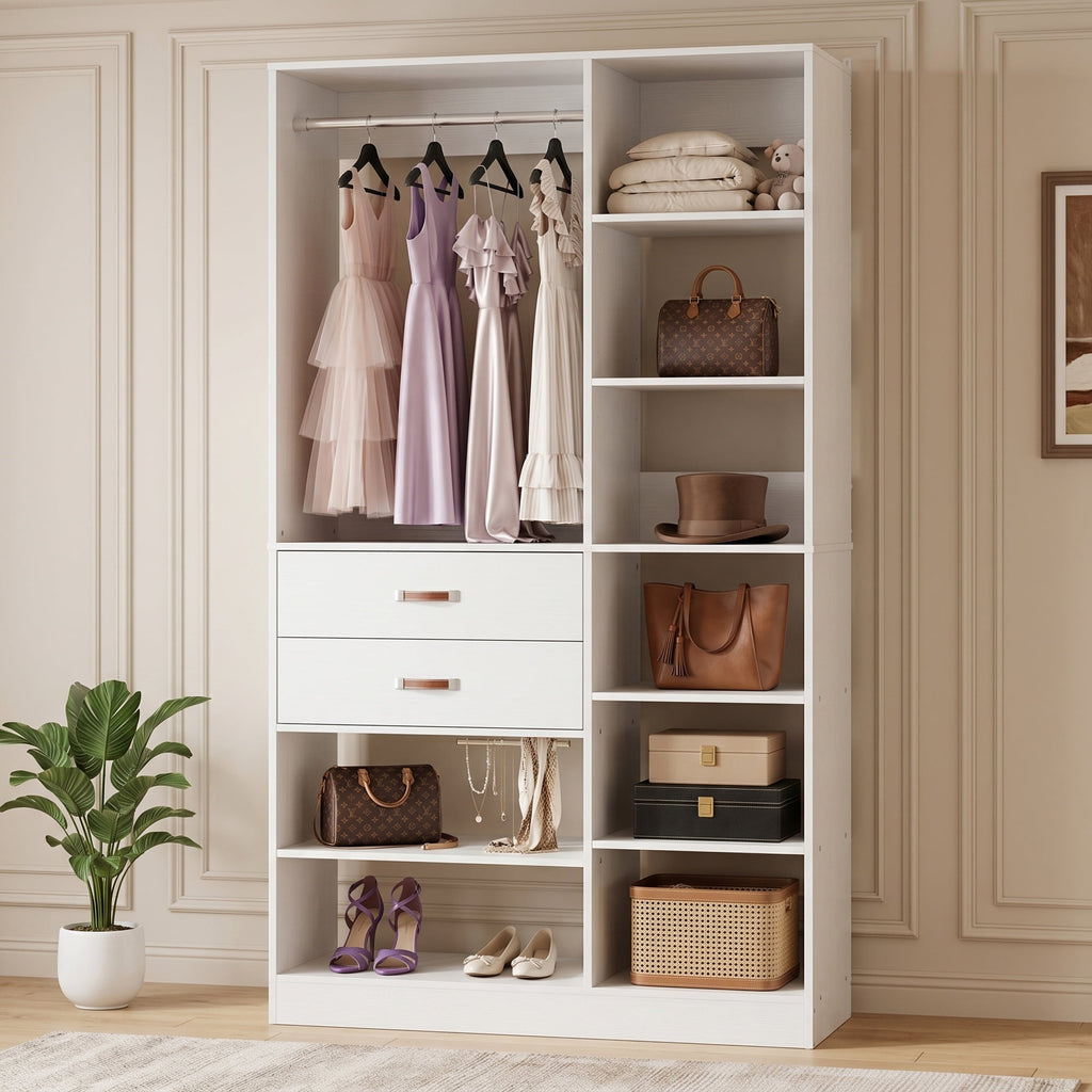 Homieasy 39.4'' W Closet System with Wooden Drawers and Hanging Rods, White