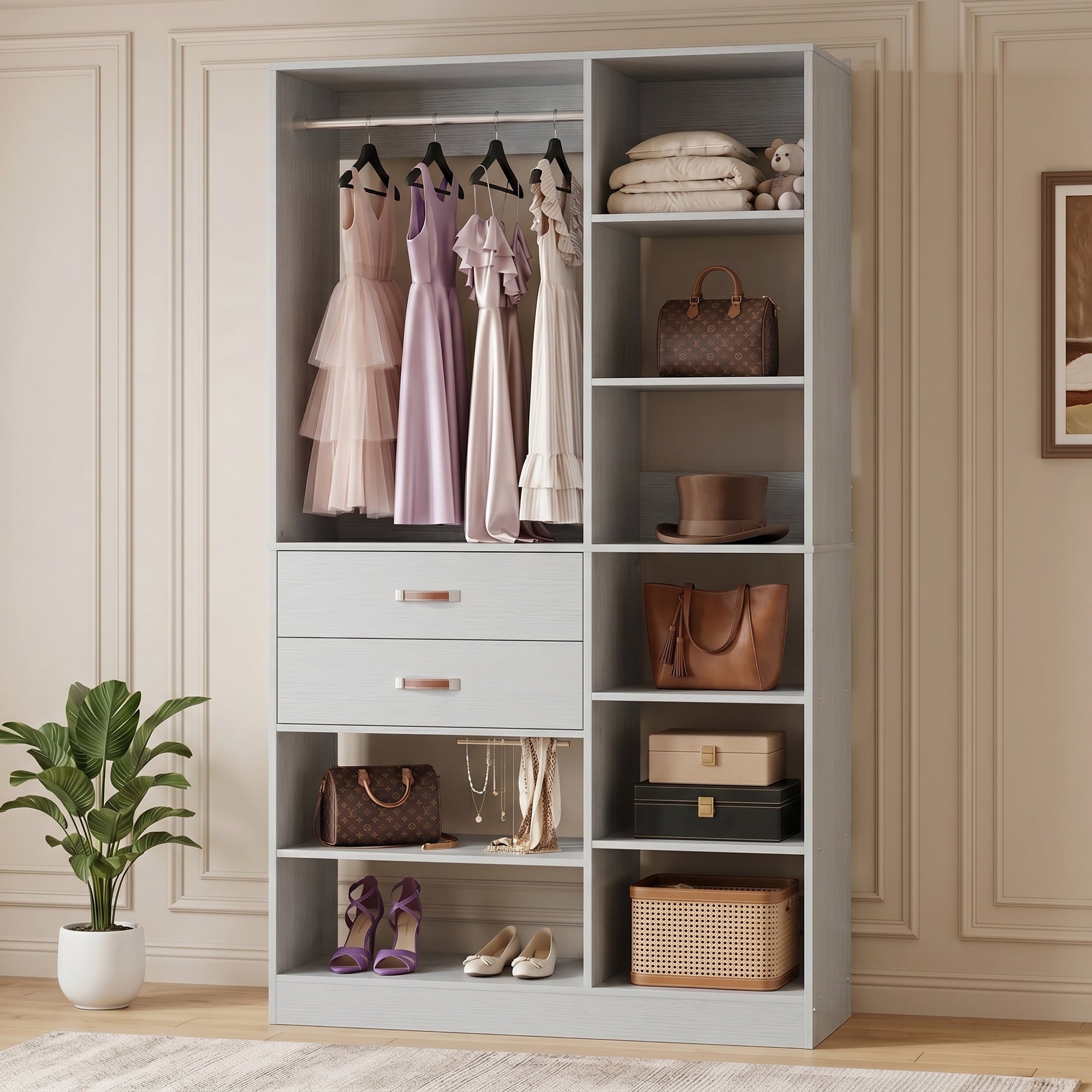 Homieasy 39.4'' W Closet System with Wooden Drawers and Hanging Rods, White