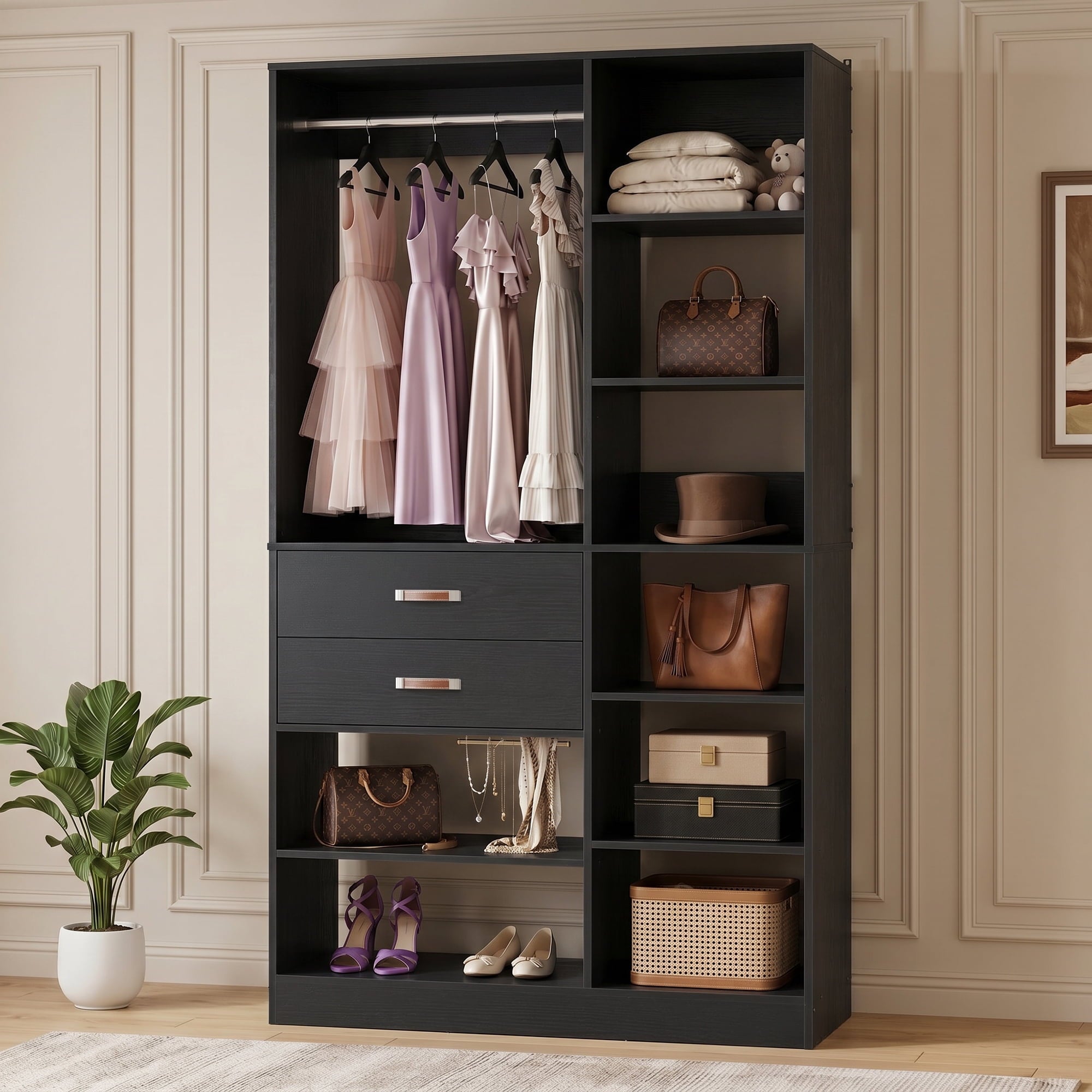 Homieasy 39.4'' W Closet System with Wooden Drawers and Hanging Rods, White