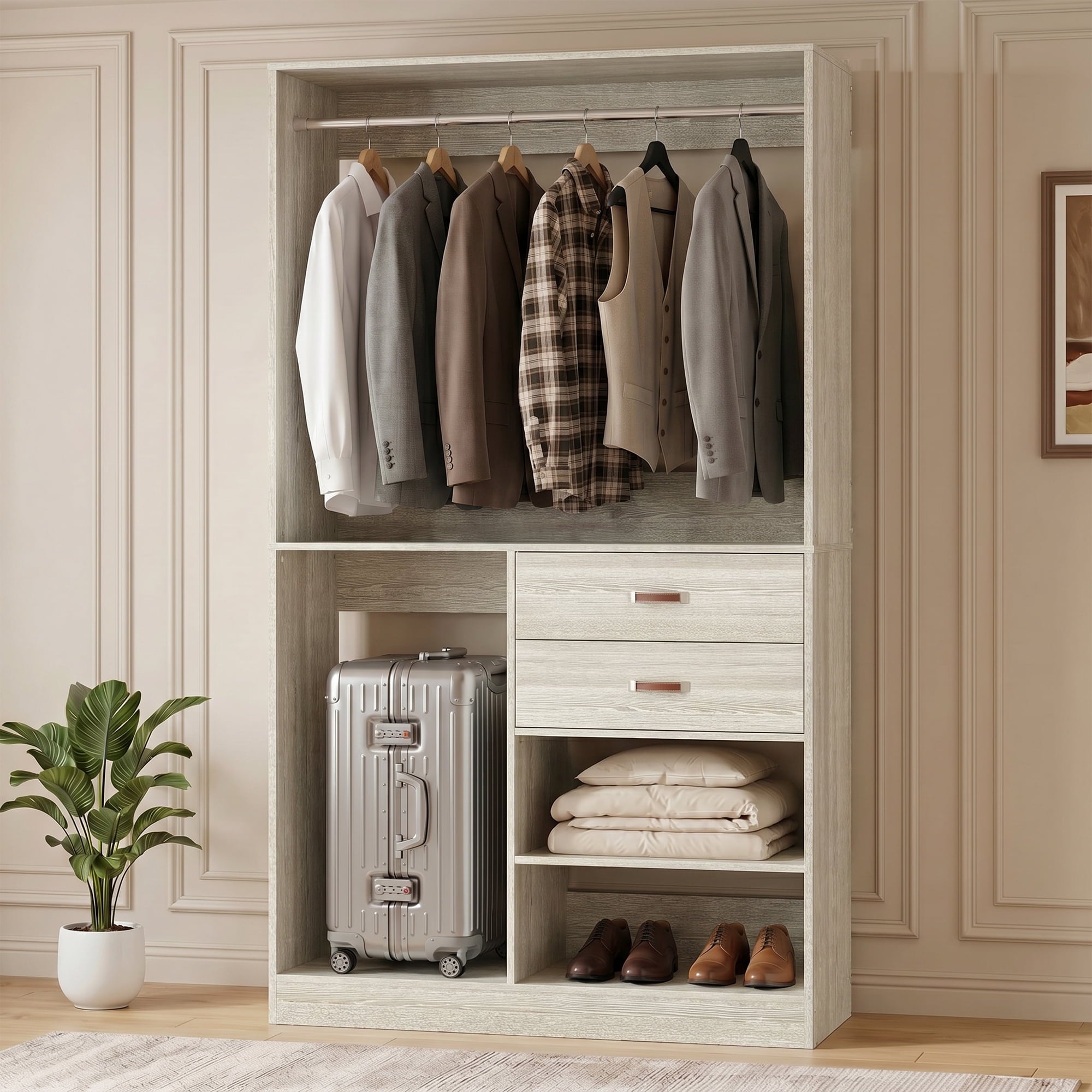 Homieasy Freestanding Closet System with Suitcase Storage, 40'' Closet Organizer System with 2 Wood Drawers and Hanging Rod, White