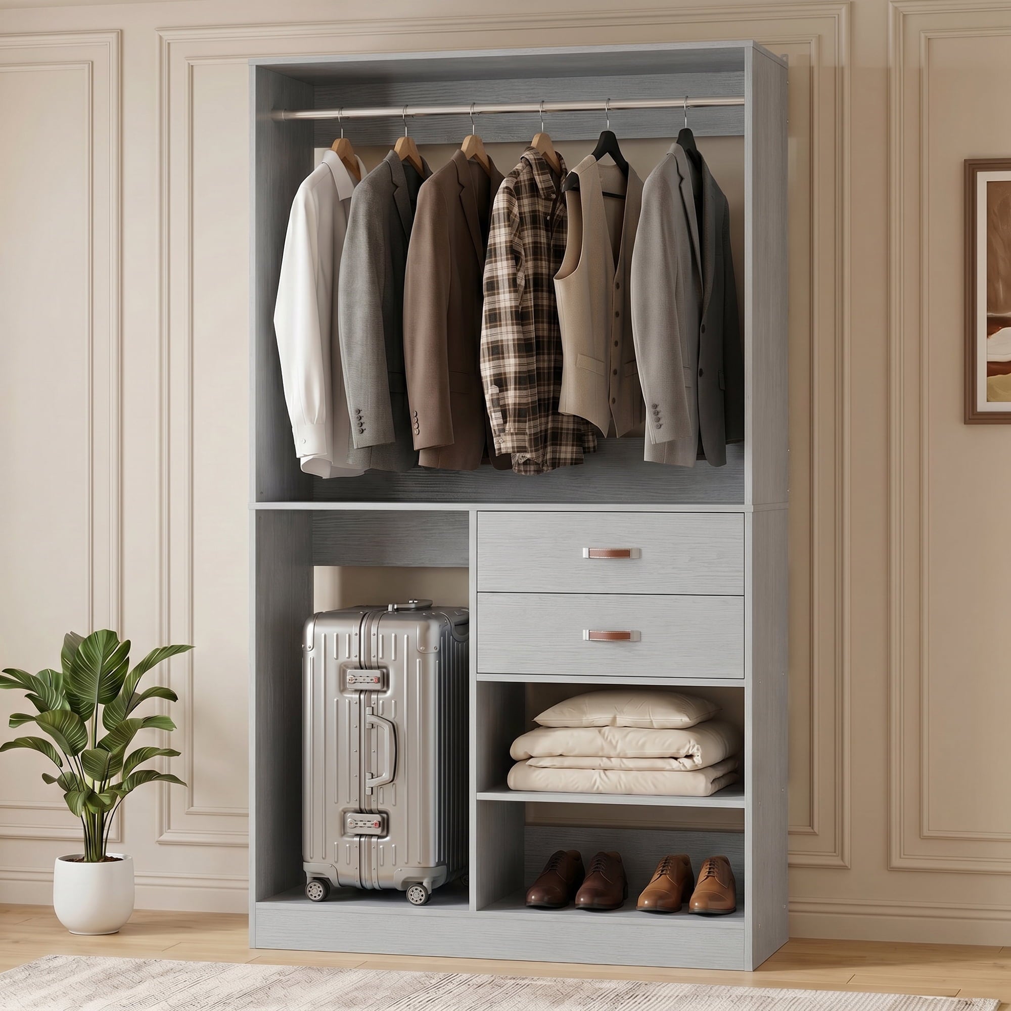 Homieasy Freestanding Closet System with Suitcase Storage, 40'' Closet Organizer System with 2 Wood Drawers and Hanging Rod, White
