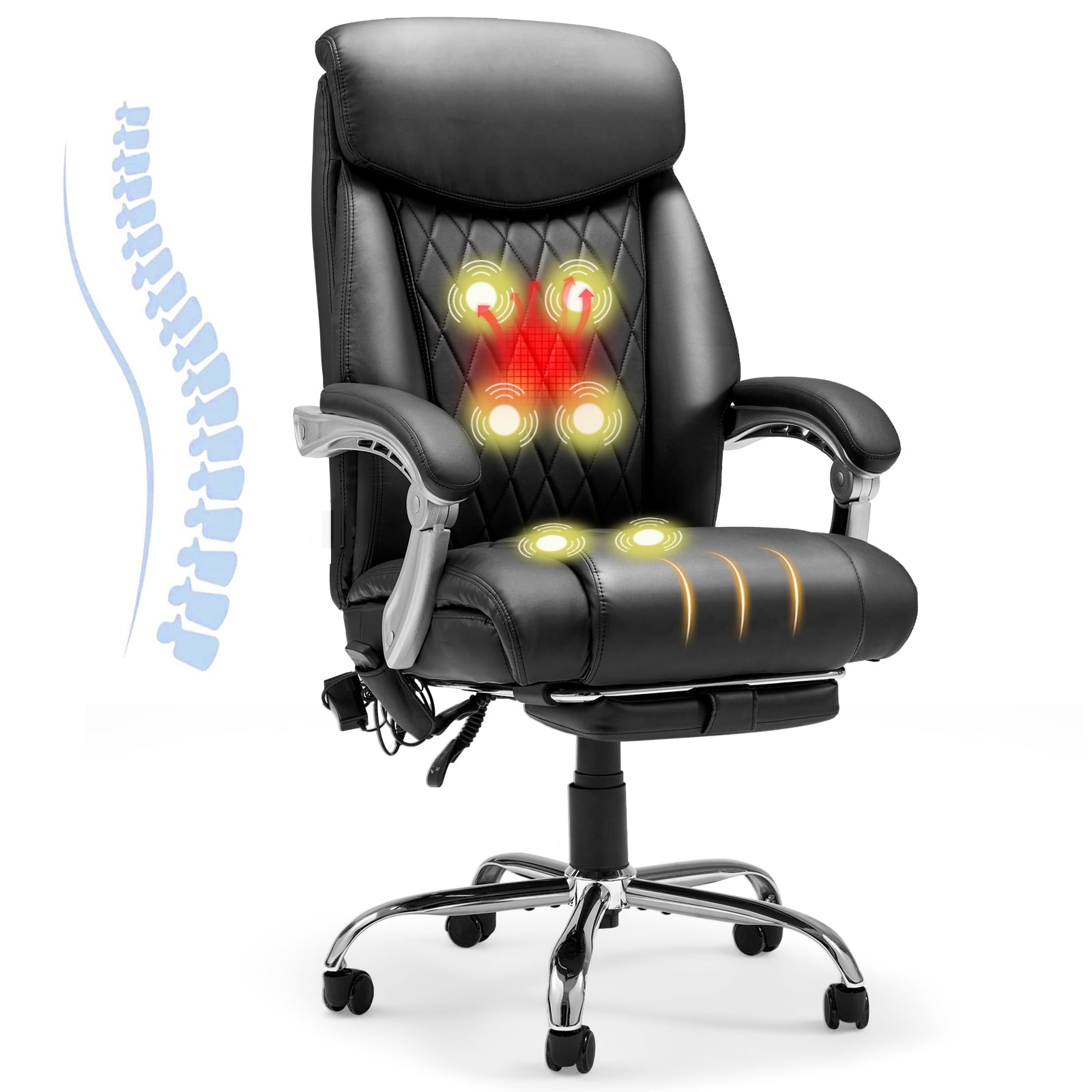 HOMREST Ergonomic Office Chair with 6-Point Massage & Heating, Adjustable Executive Desk Chair with Retractable Footrest, PU Leather Home Office Desk Chair for Home & Office (Black)