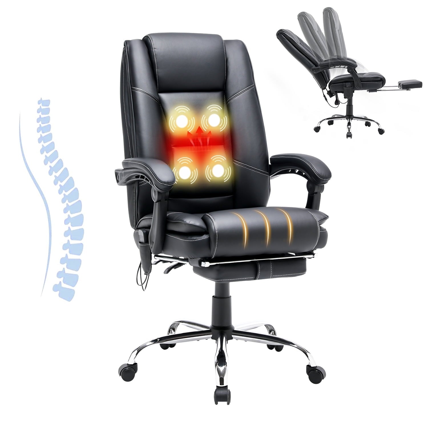 HOMREST Ergonomic Office Chair with 6-Point Massage & Heating, Adjustable Executive Desk Chair with Retractable Footrest, PU Leather Home Office Desk Chair for Home & Office (Black)