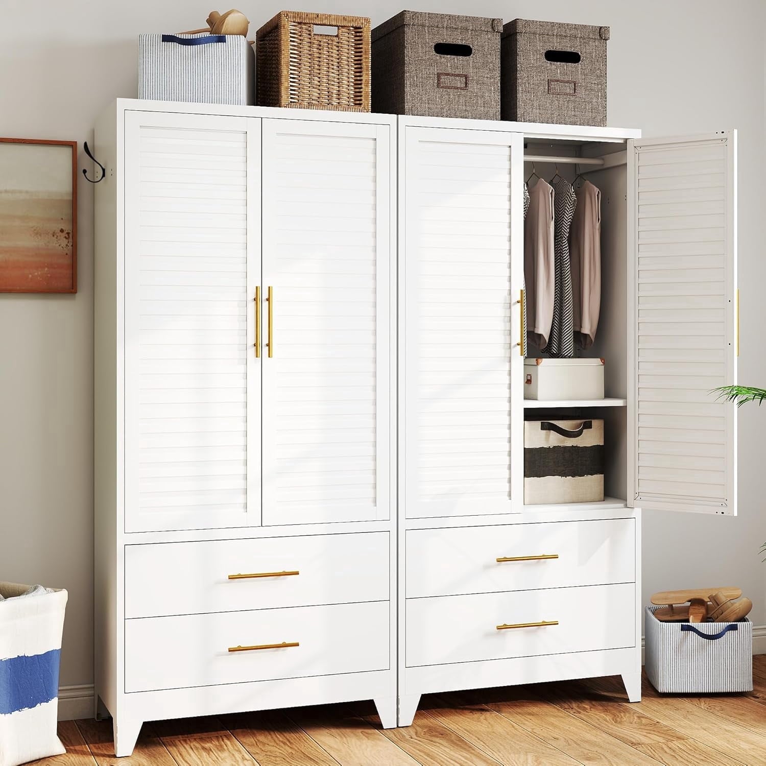 IKIMI 71H Metal Armoire Wardrobe Closet with Adjustable Hanging Rod and Drawers, Clothing Storage Cabinet for Bedroom, Bathroom, White