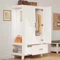 IRONCK 67 Tall Wardrobe Closet with Mirror & Drawer, White Wooden Bedroom Armoire Cabinet with Side Shelves and Hooks