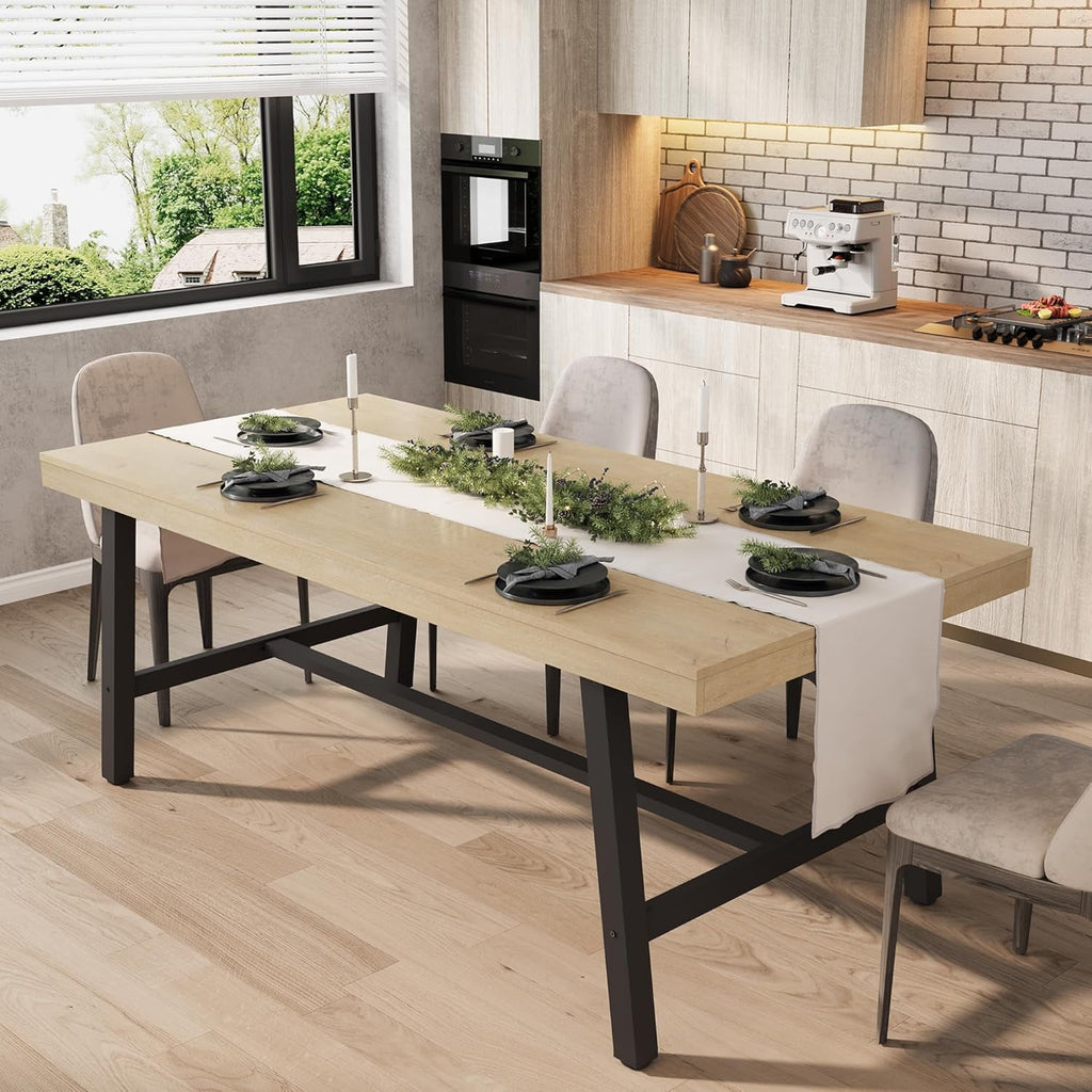 Industrial Dining Table for 6-8 People, 70.87 Long Wooden Kitchen Table with Sturdy Metal Frame & Natural Finish, Seats 6 Rectangular Counter for Dinner, Kitchen, Dining Room - Natural