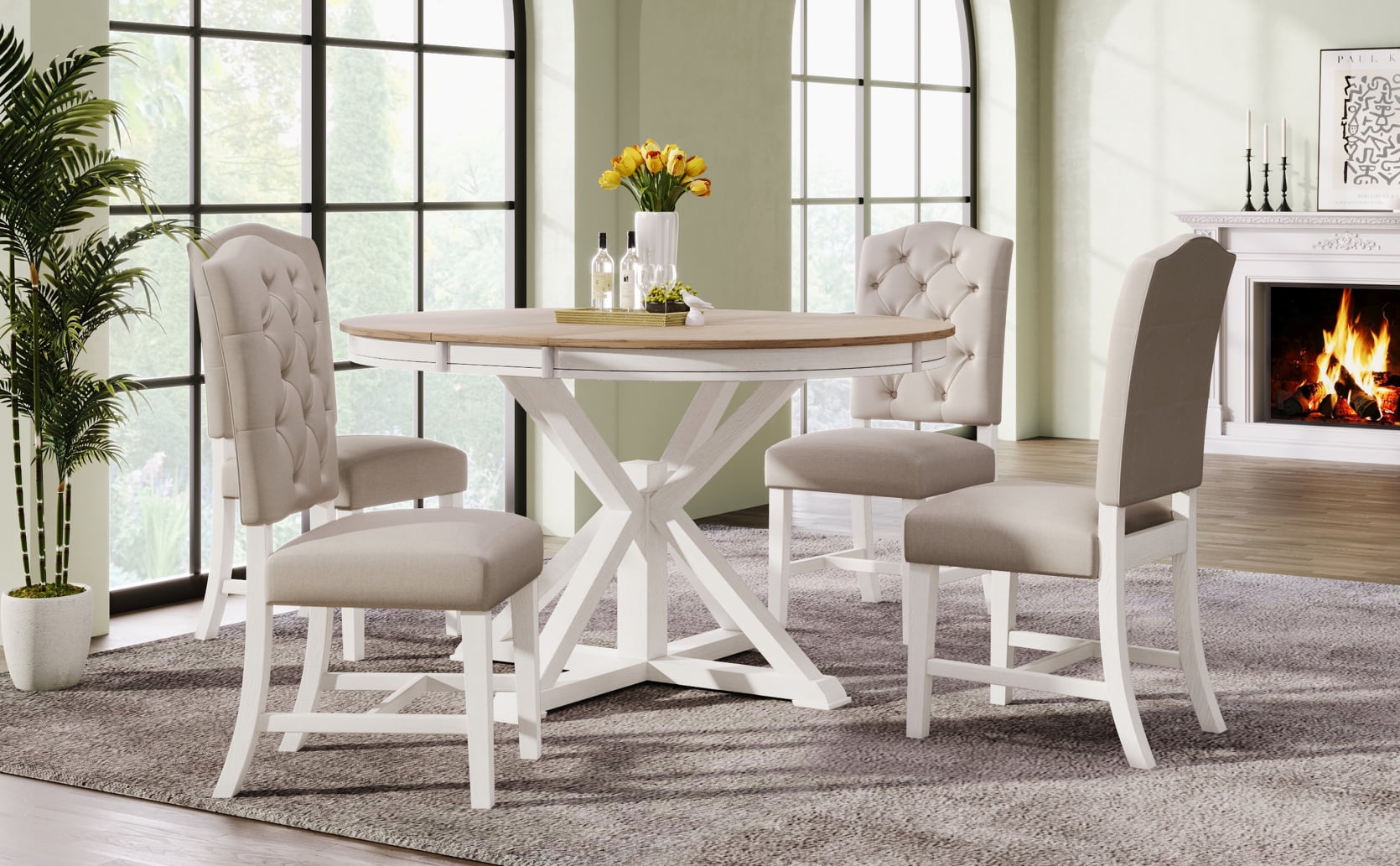 JAMPOOCA Retro Style MDF Extendable 5 Pieces Dining Table Set, Natural Wood