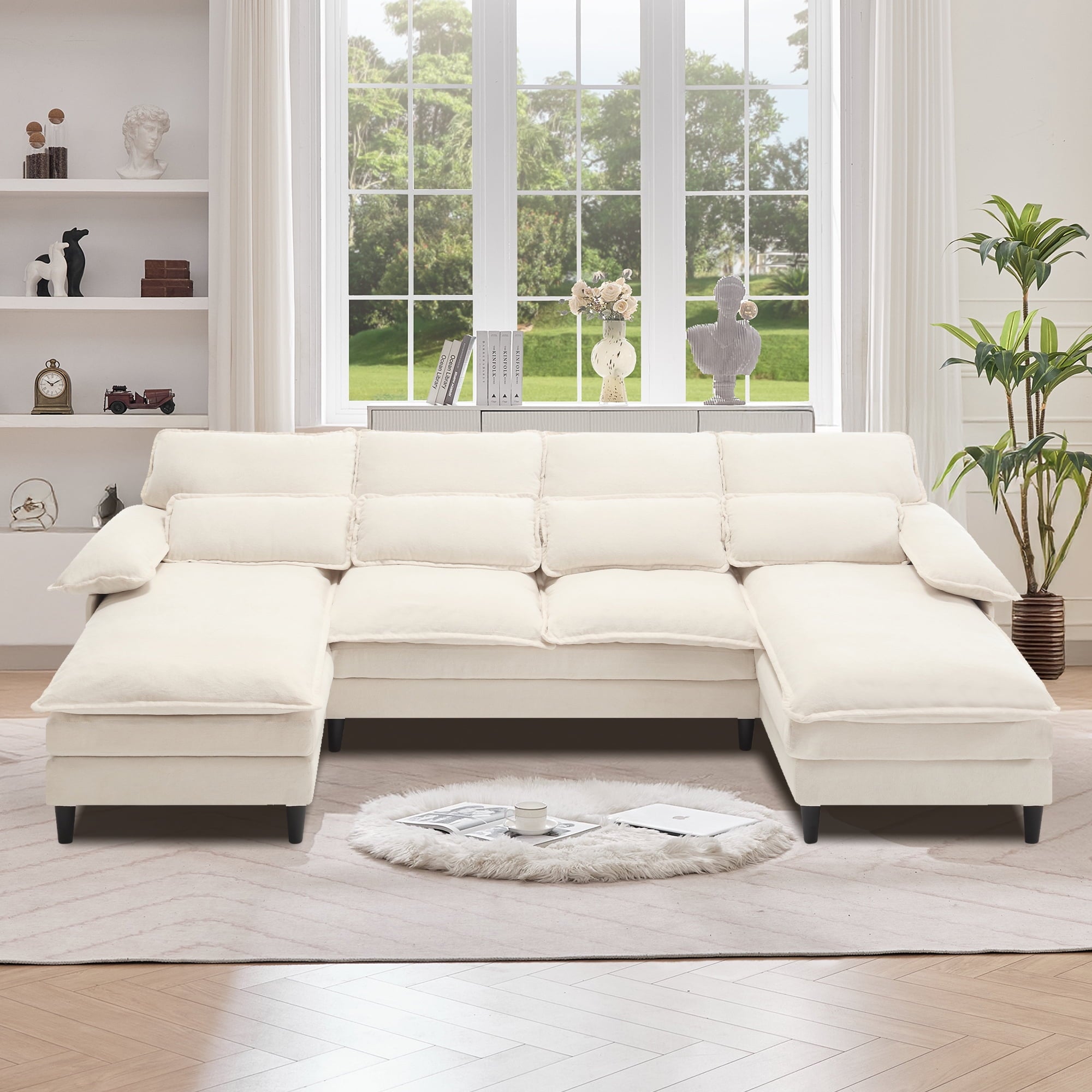 JONPONY109.45 U Shaped Couch,Oversized 4 Seat Sectional with 4 Waist Pillows, Convertible Upholstery Symmetrical Sofá,Sleeper Sofa Couch with Double Chaise Lounge &Memory Foam for Living Room, Beige