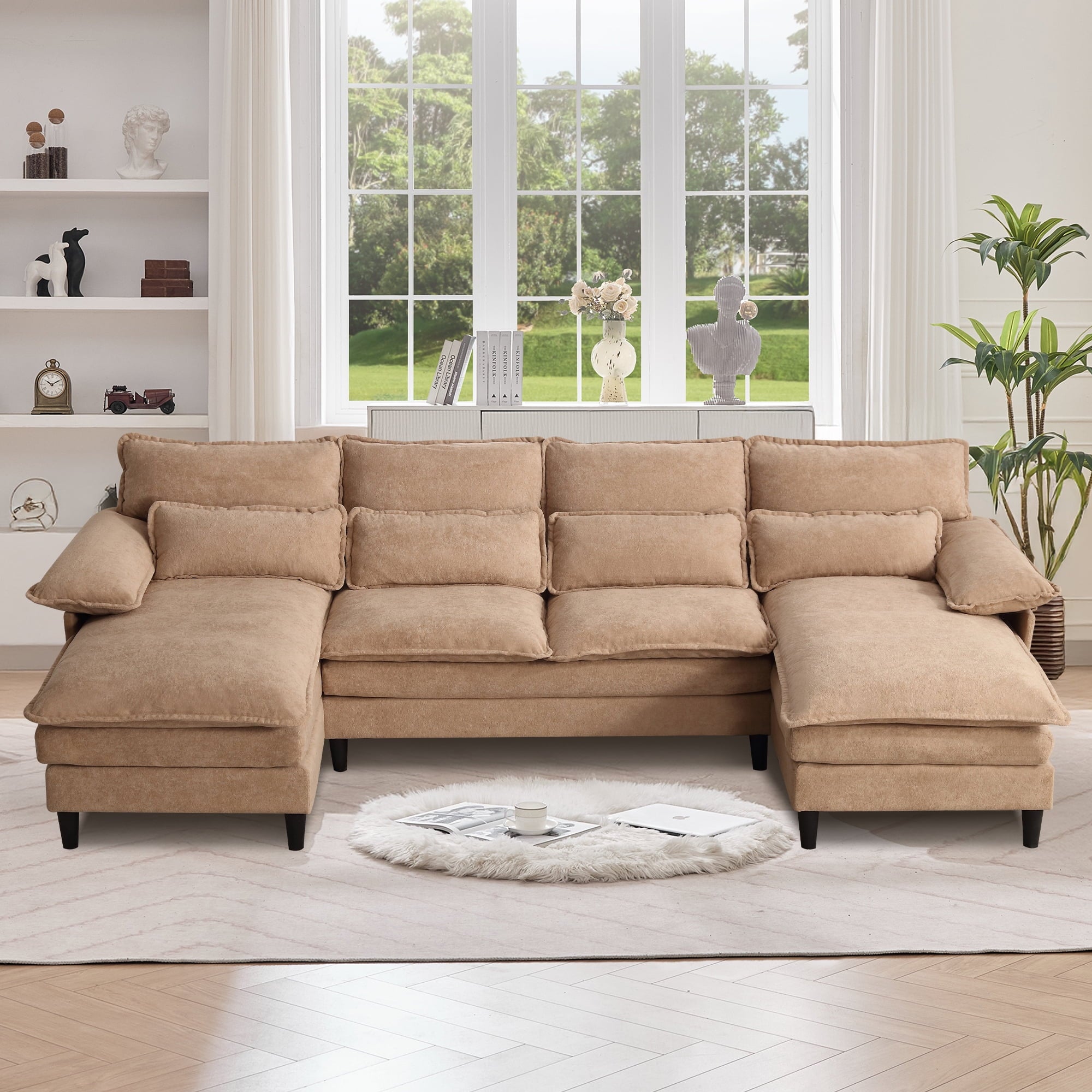JONPONY109.45 U Shaped Couch,Oversized 4 Seat Sectional with 4 Waist Pillows, Convertible Upholstery Symmetrical Sofá,Sleeper Sofa Couch with Double Chaise Lounge &Memory Foam for Living Room, Beige