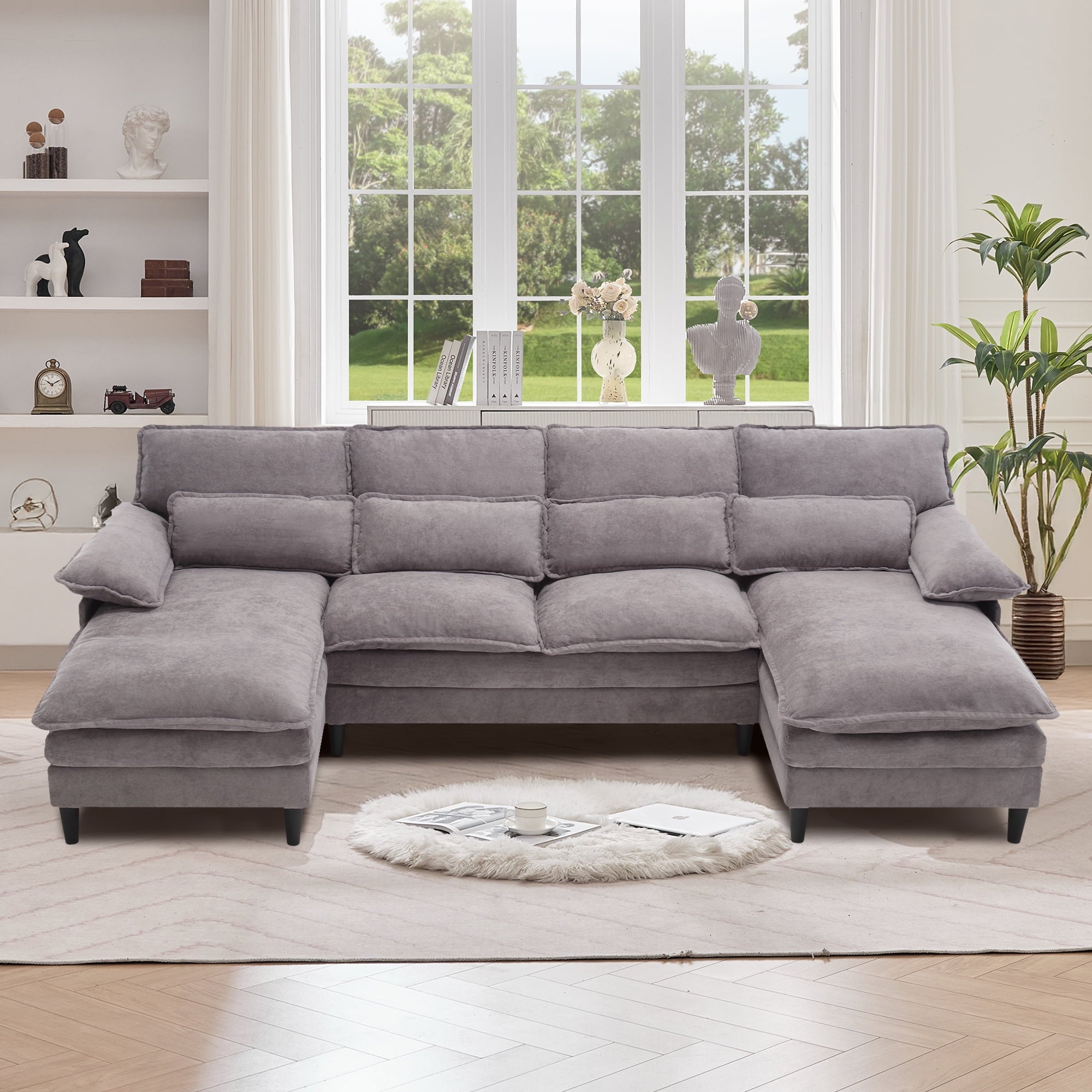 JONPONY109.45 U Shaped Couch,Oversized 4 Seat Sectional with 4 Waist Pillows, Convertible Upholstery Symmetrical Sofá,Sleeper Sofa Couch with Double Chaise Lounge &Memory Foam for Living Room, Beige