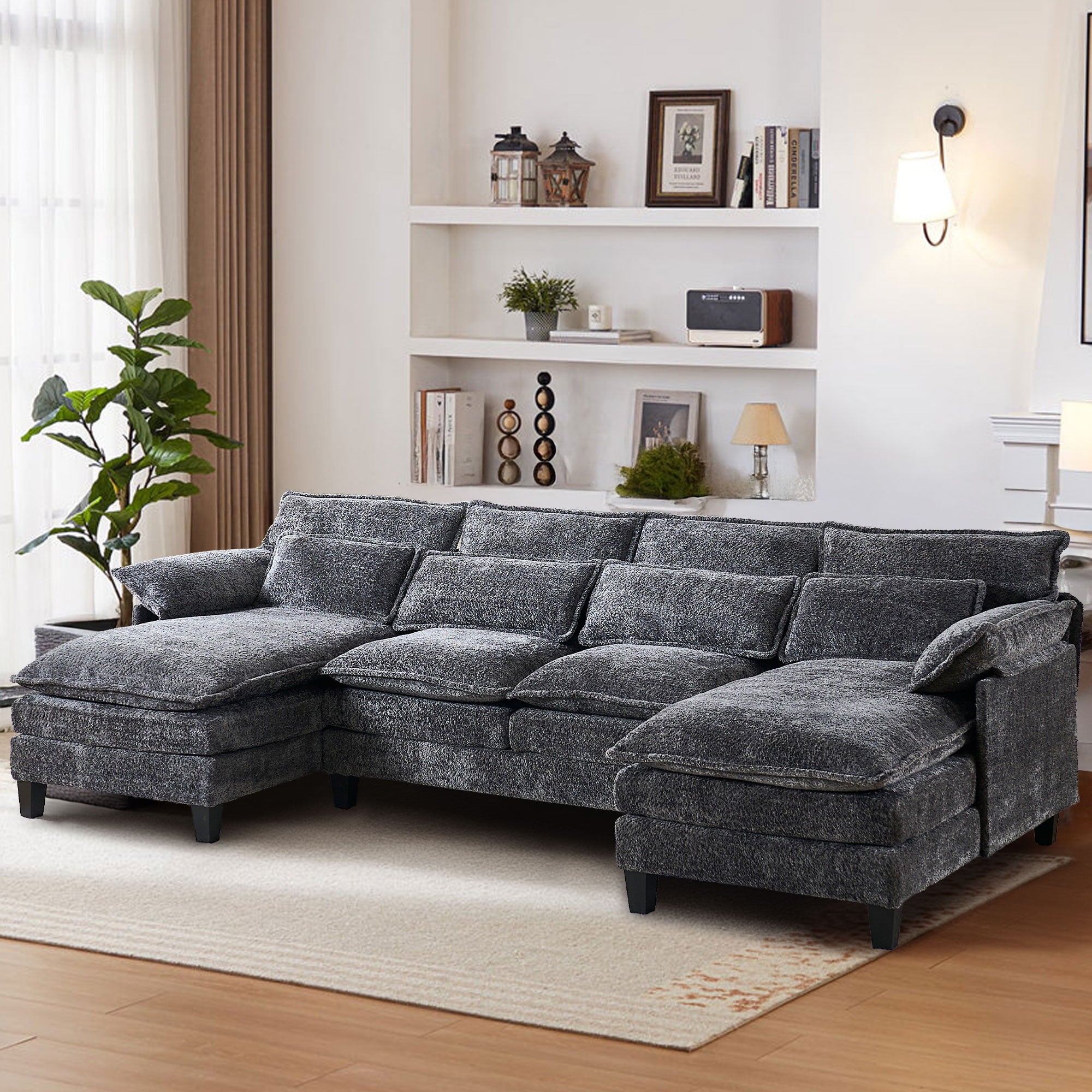 JONPONY109.45 U Shaped Couch,Oversized 4 Seat Sectional with 4 Waist Pillows, Convertible Upholstery Symmetrical Sofá,Sleeper Sofa Couch with Double Chaise Lounge &Memory Foam for Living Room, Beige