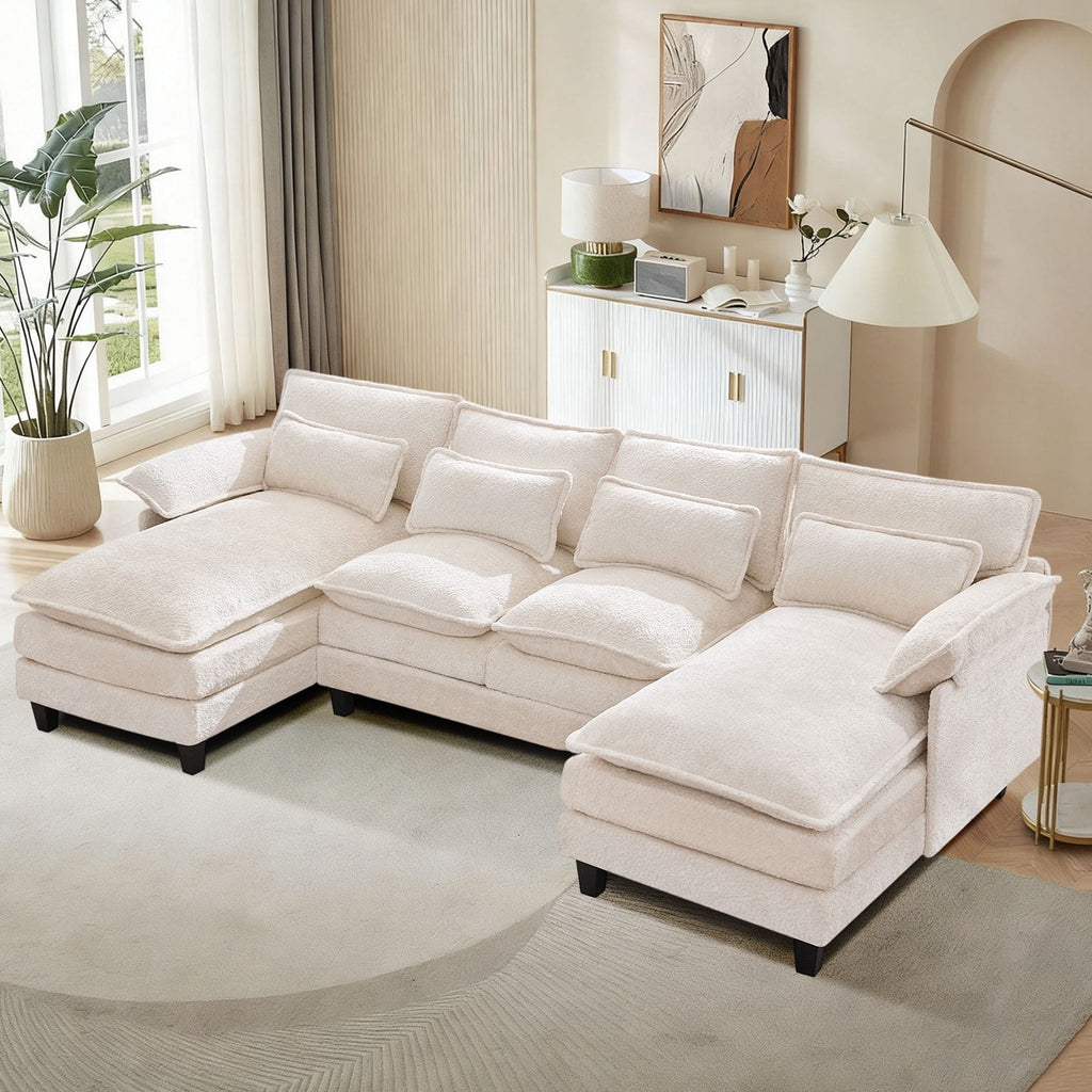 JONPONY109.45 U Shaped Couch,Oversized 4 Seat Sectional with 4 Waist Pillows, Convertible Upholstery Symmetrical Sofá,Sleeper Sofa Couch with Double Chaise Lounge &Memory Foam for Living Room, Beige