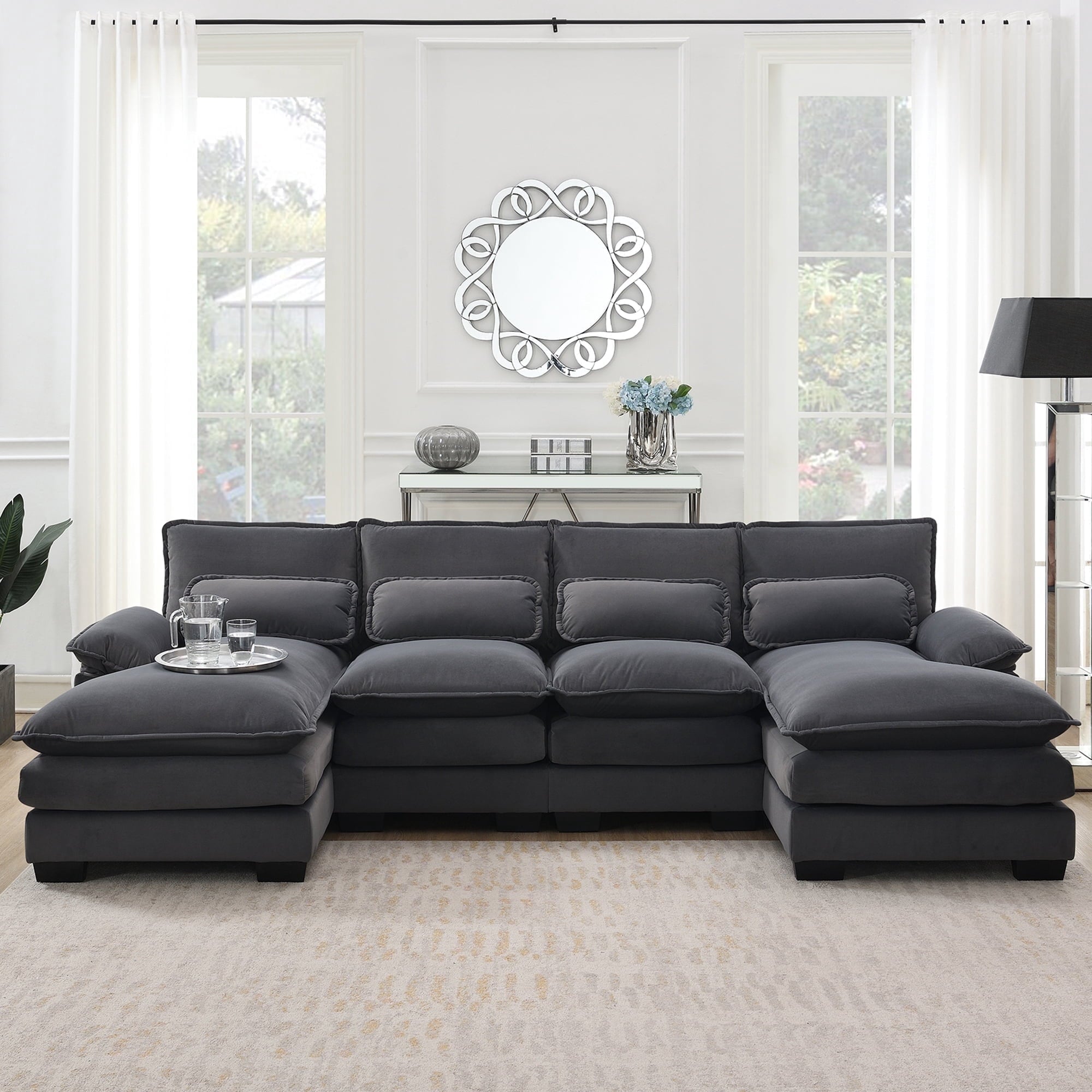 JONPONY109.45 U Shaped Couch,Oversized 4 Seat Sectional with 4 Waist Pillows, Convertible Upholstery Symmetrical Sofá,Sleeper Sofa Couch with Double Chaise Lounge &Memory Foam for Living Room, Beige