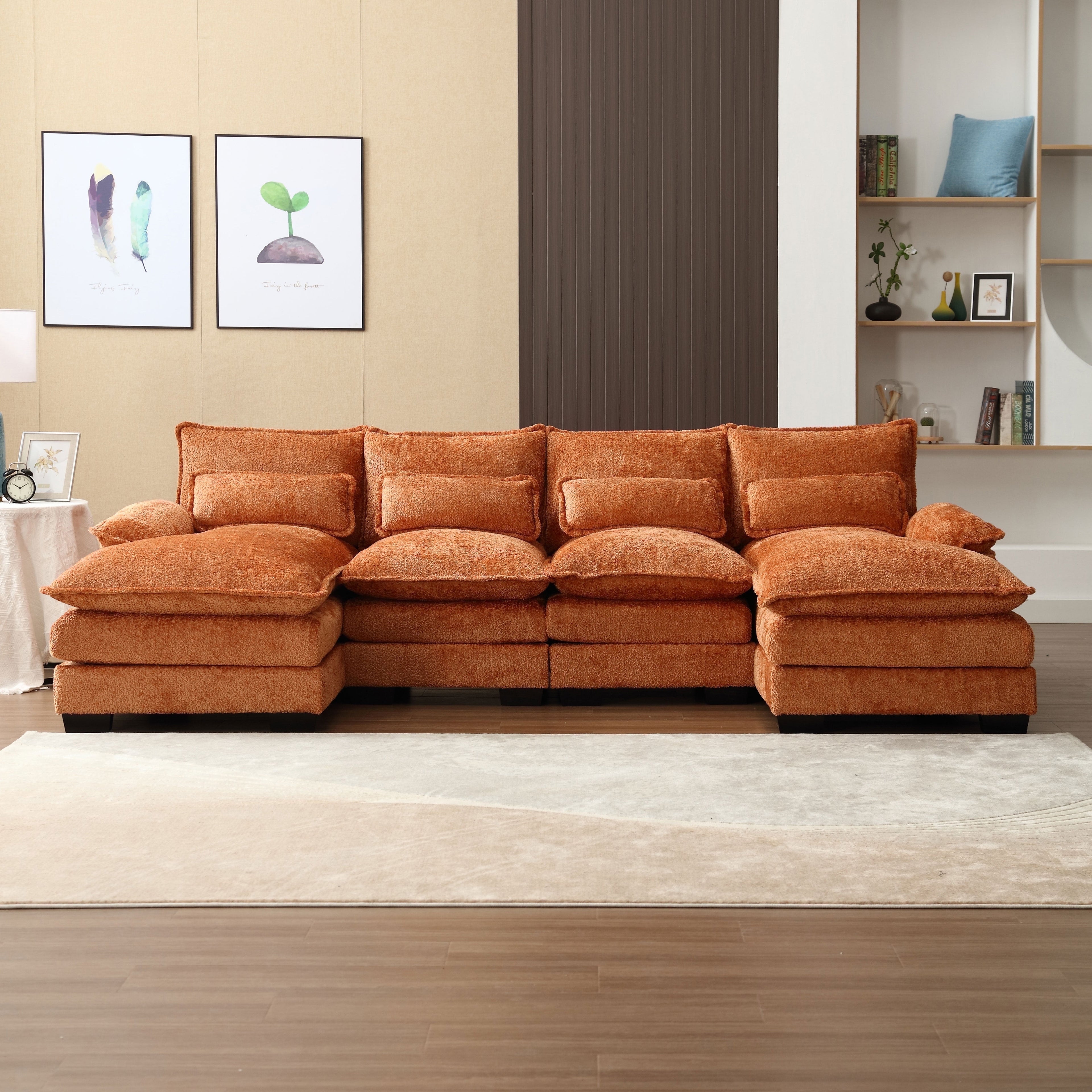 JONPONY109.45 U Shaped Couch,Oversized 4 Seat Sectional with 4 Waist Pillows, Convertible Upholstery Symmetrical Sofá,Sleeper Sofa Couch with Double Chaise Lounge &Memory Foam for Living Room, Beige