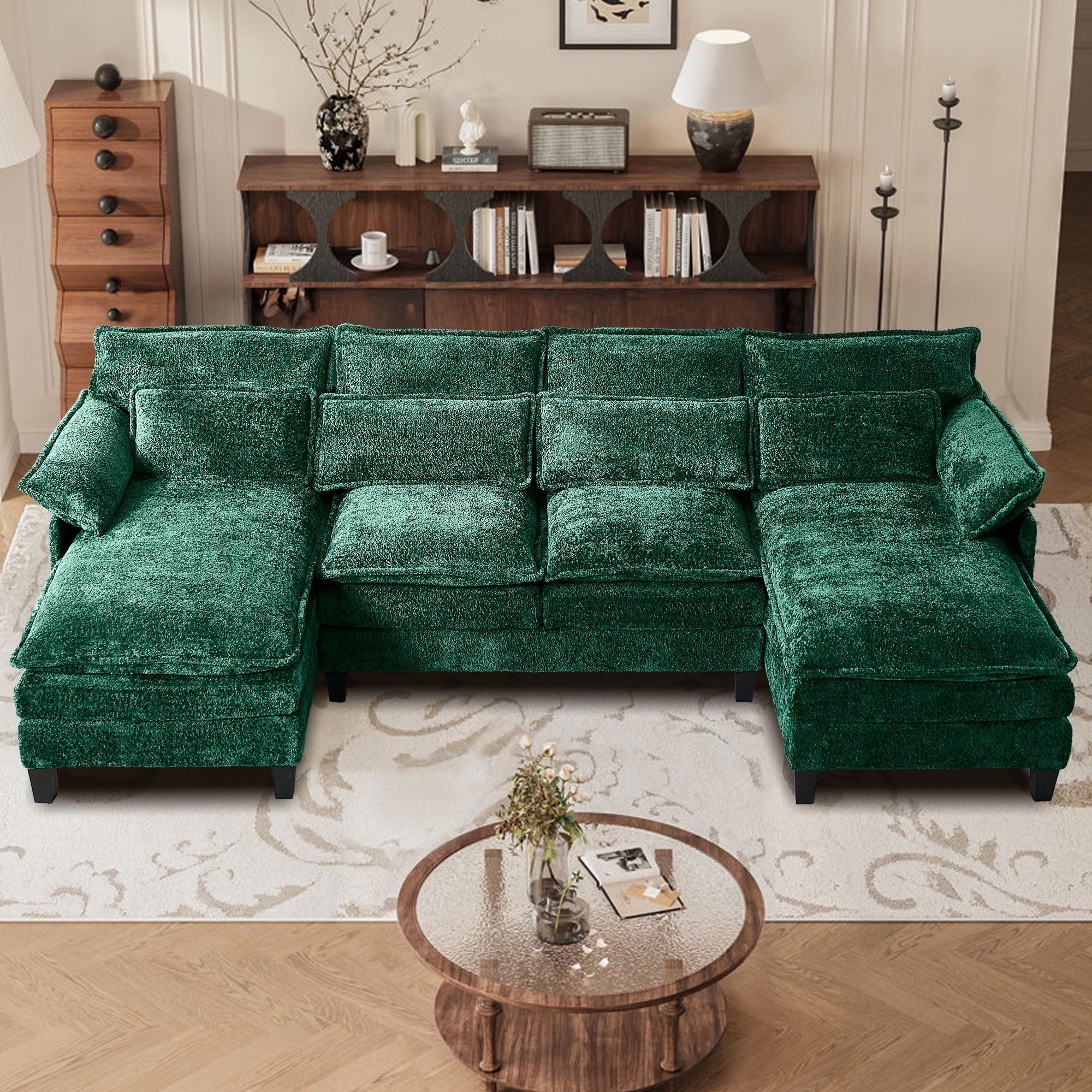JONPONY109.45 U Shaped Couch,Oversized 4 Seat Sectional with 4 Waist Pillows, Convertible Upholstery Symmetrical Sofá,Sleeper Sofa Couch with Double Chaise Lounge &Memory Foam for Living Room, Beige