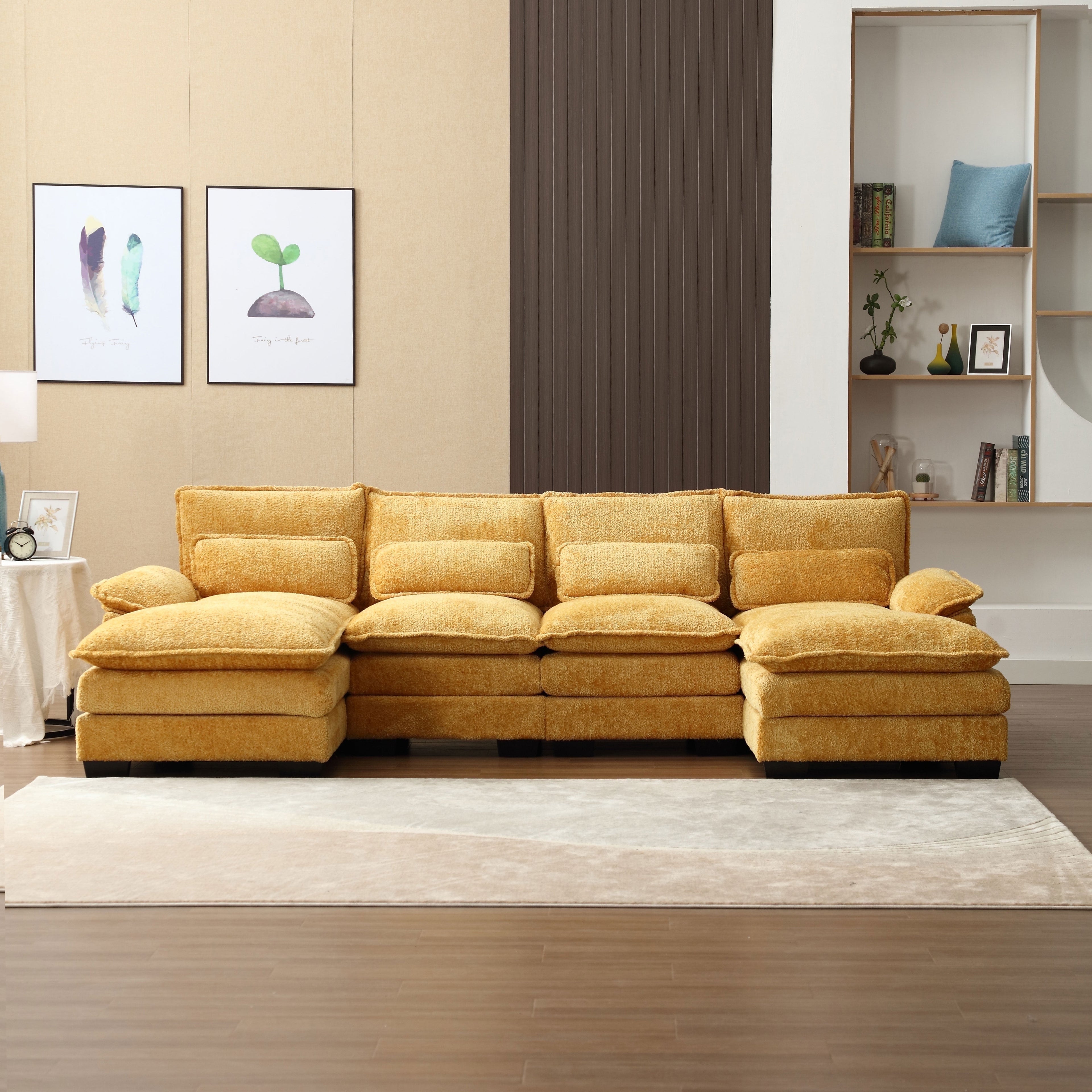 JONPONY109.45 U Shaped Couch,Oversized 4 Seat Sectional with 4 Waist Pillows, Convertible Upholstery Symmetrical Sofá,Sleeper Sofa Couch with Double Chaise Lounge &Memory Foam for Living Room, Beige