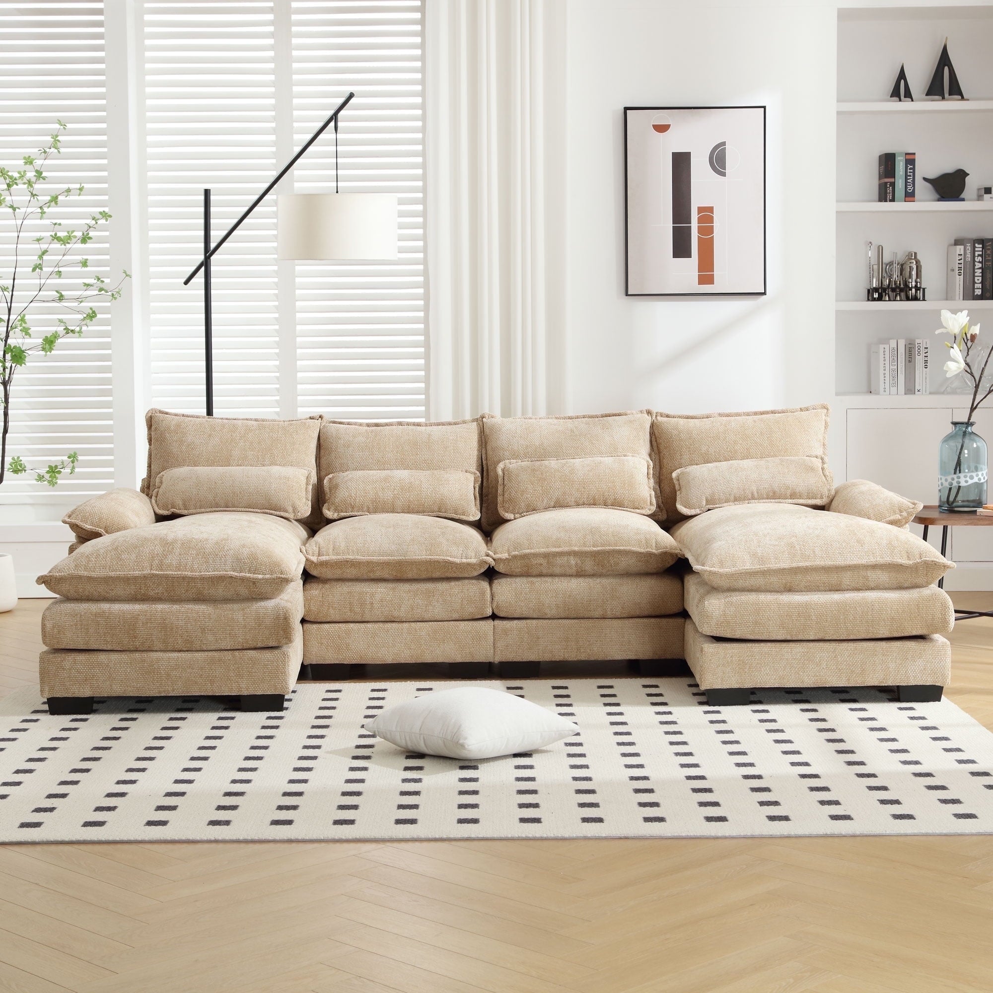 JONPONY109.45 U Shaped Couch,Oversized 4 Seat Sectional with 4 Waist Pillows, Convertible Upholstery Symmetrical Sofá,Sleeper Sofa Couch with Double Chaise Lounge &Memory Foam for Living Room, Beige