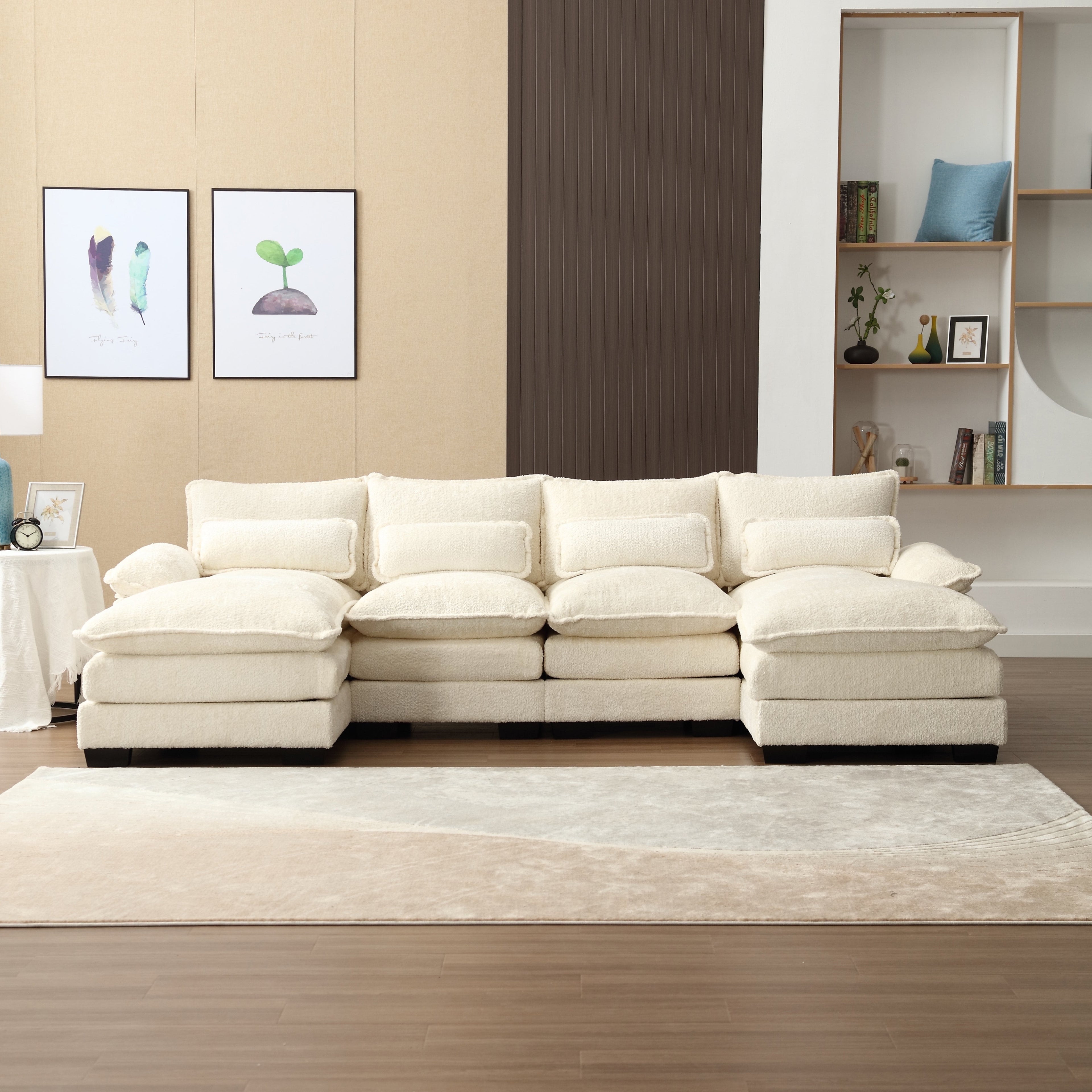 JONPONY109.45 U Shaped Couch,Oversized 4 Seat Sectional with 4 Waist Pillows, Convertible Upholstery Symmetrical Sofá,Sleeper Sofa Couch with Double Chaise Lounge &Memory Foam for Living Room, Beige