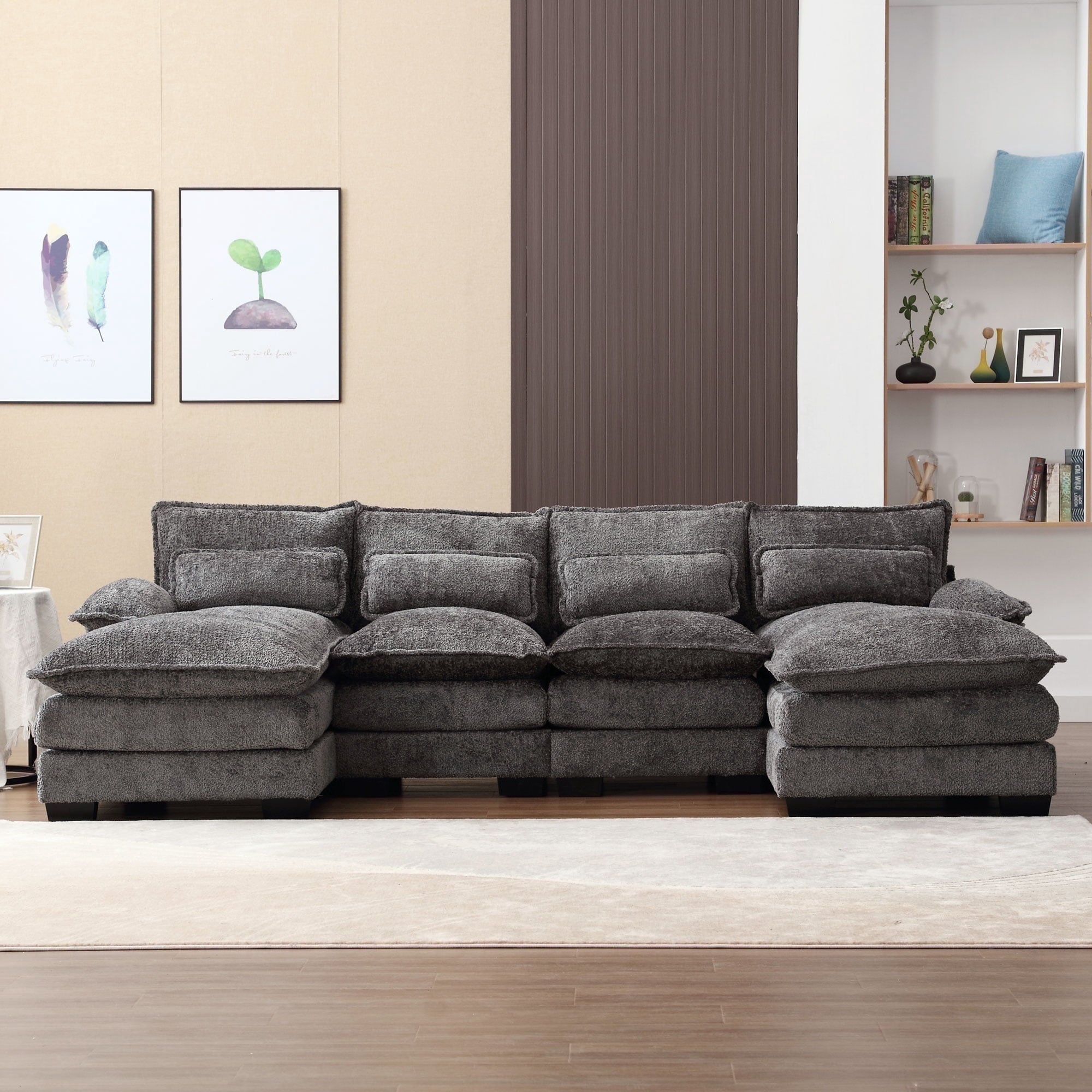 JONPONY109.45 U Shaped Couch,Oversized 4 Seat Sectional with 4 Waist Pillows, Convertible Upholstery Symmetrical Sofá,Sleeper Sofa Couch with Double Chaise Lounge &Memory Foam for Living Room, Beige