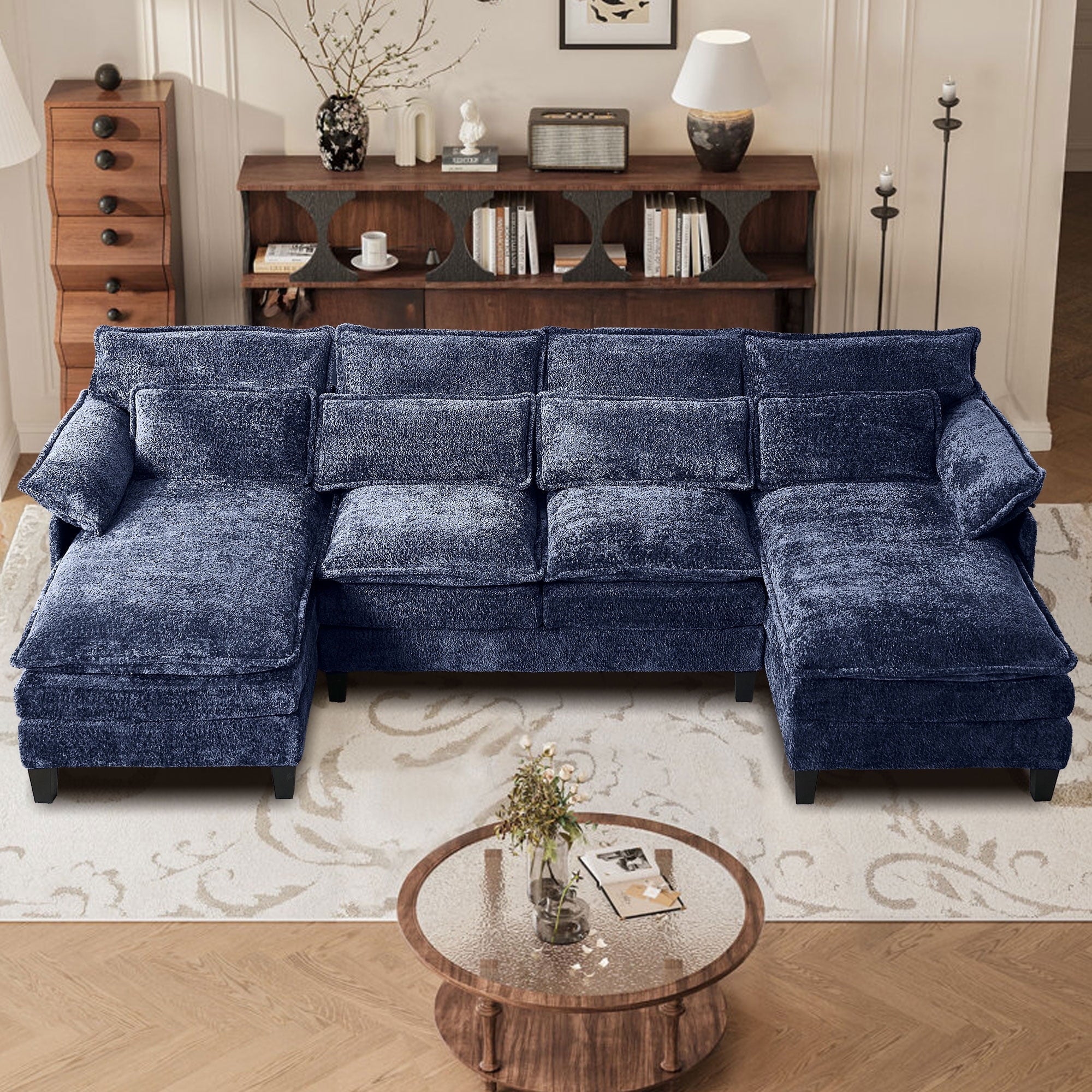 JONPONY109.45 U Shaped Couch,Oversized 4 Seat Sectional with 4 Waist Pillows, Convertible Upholstery Symmetrical Sofá,Sleeper Sofa Couch with Double Chaise Lounge &Memory Foam for Living Room, Beige