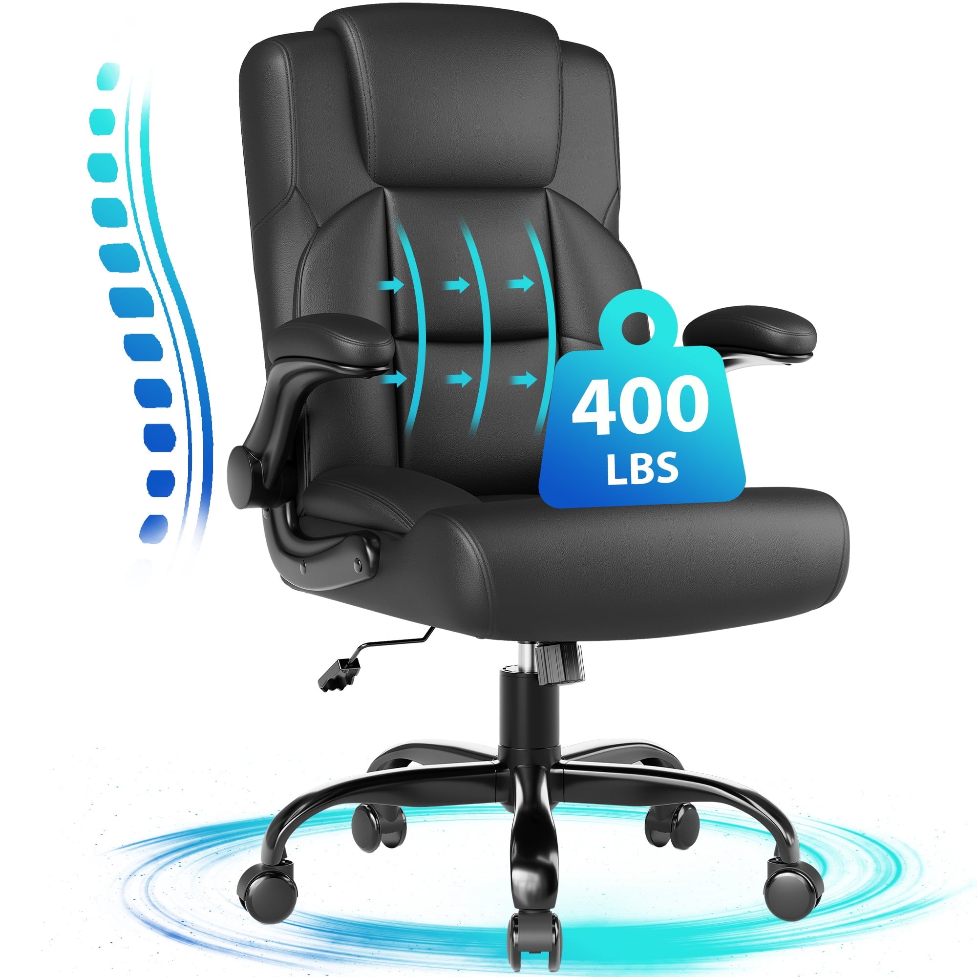 JONPONY Leather Office Chair, Big and Tall Office Chair 400LBS Wide Seat Ergonomic Computer Desk Chair High Back Executive Leather Chair Adjustable Task Chair Lumbar Back with 1-Year Warranty, Black