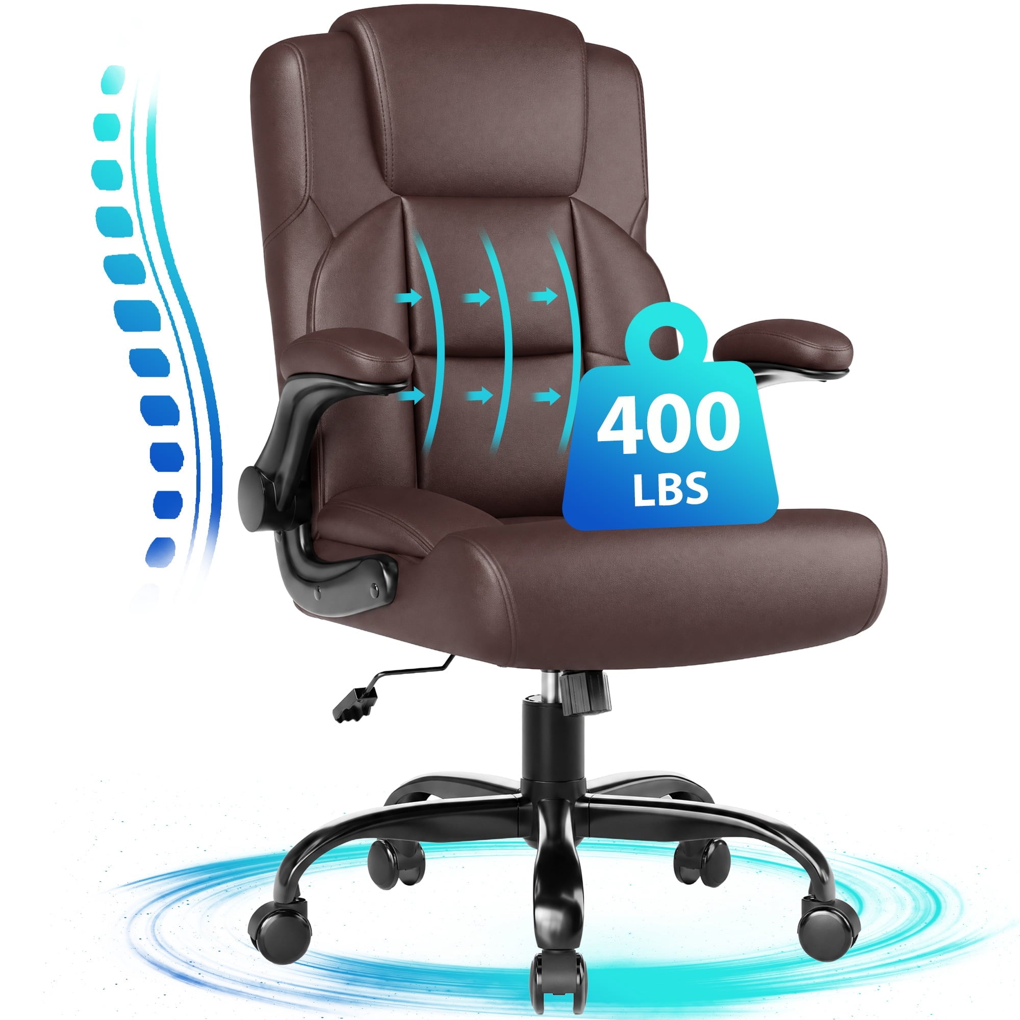 JONPONY Leather Office Chair, Big and Tall 500lbs Ergonomic Desk Chairs with Back Support, Executive Leather Chair with Wheels for Home Office, with Adjustable Padded Armrest & Lumbar Support , Black