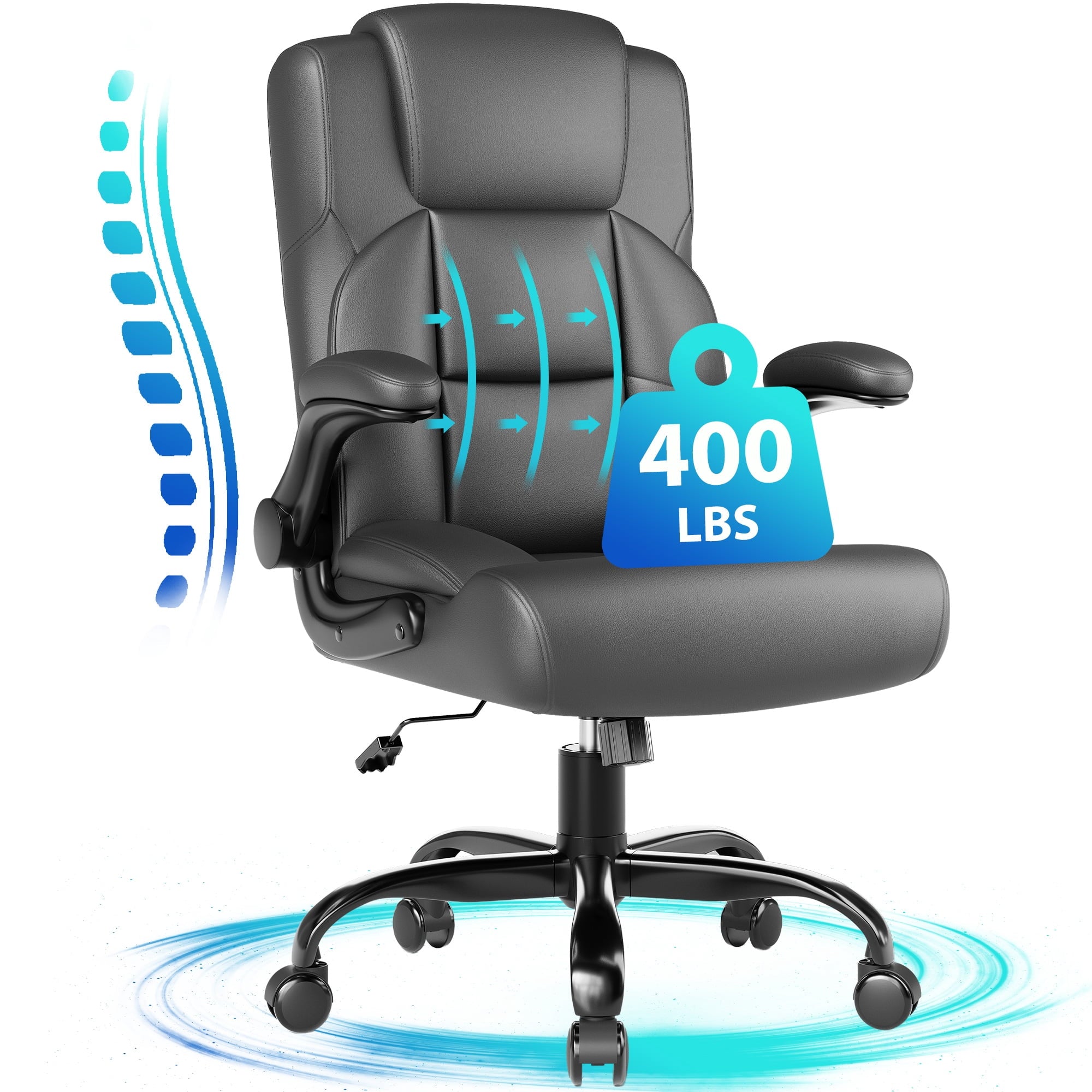 JONPONY Leather Office Chair, Big and Tall 500lbs Ergonomic Desk Chairs with Back Support, Executive Leather Chair with Wheels for Home Office, with Adjustable Padded Armrest & Lumbar Support , Black