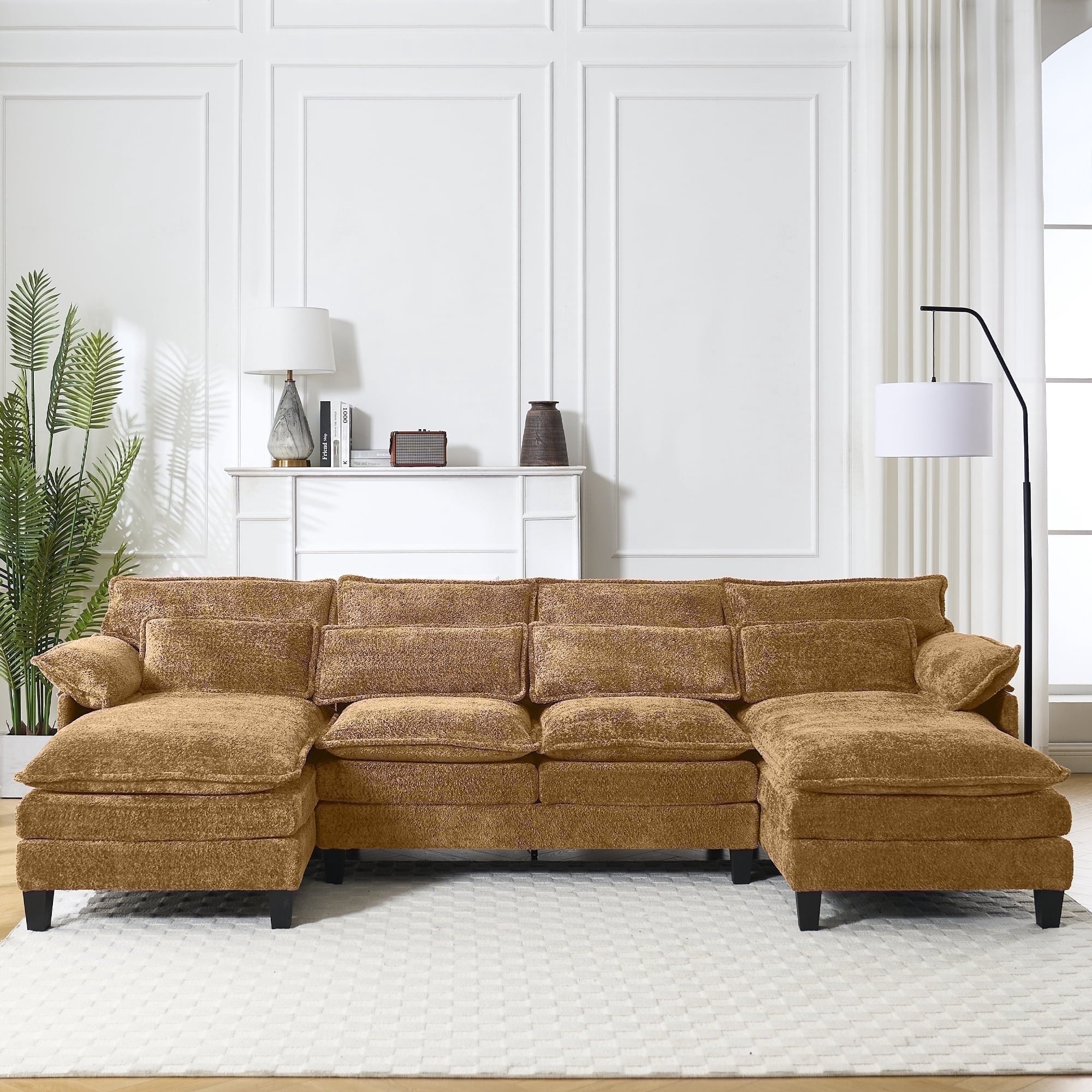 JONPONY109.45 U Shaped Couch,Oversized 4 Seat Sectional with 4 Waist Pillows, Convertible Upholstery Symmetrical Sofá,Sleeper Sofa Couch with Double Chaise Lounge &Memory Foam for Living Room, Beige