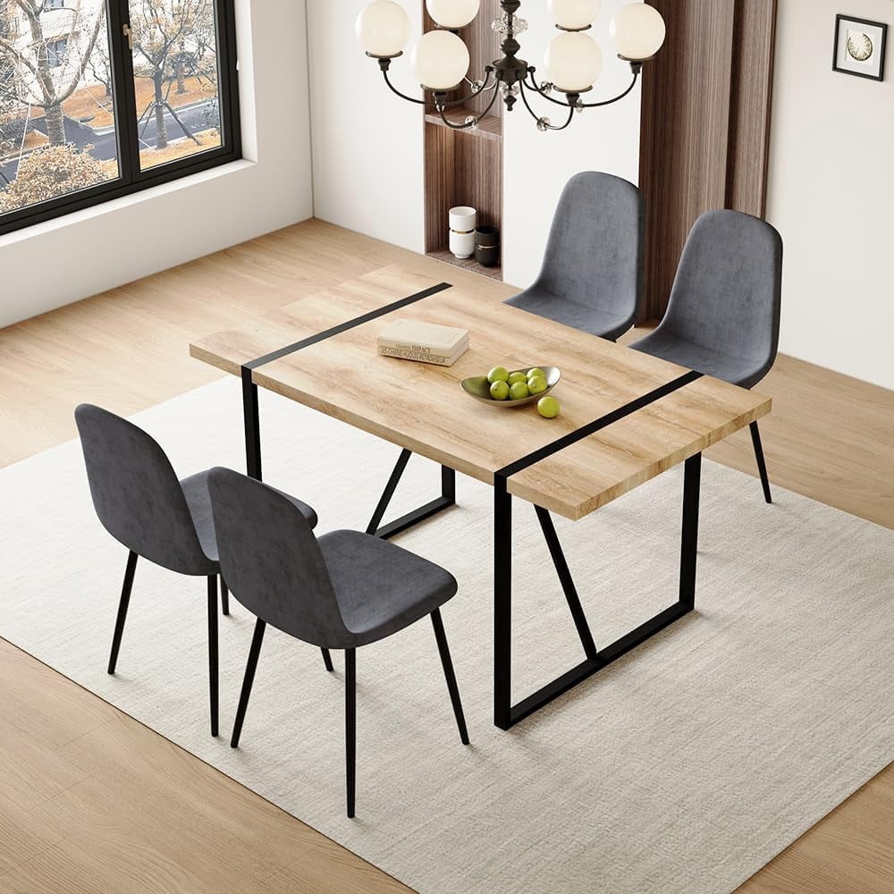 JUFU 55 Dining Table Set for 4, Modern Table and Chairs Set of 4, 5 Piece Dining Table Set Include Wooden Kitchen Table and 4 Faux Leather Chairs Ideal for Kitchen Dining Room Easy to Assemble