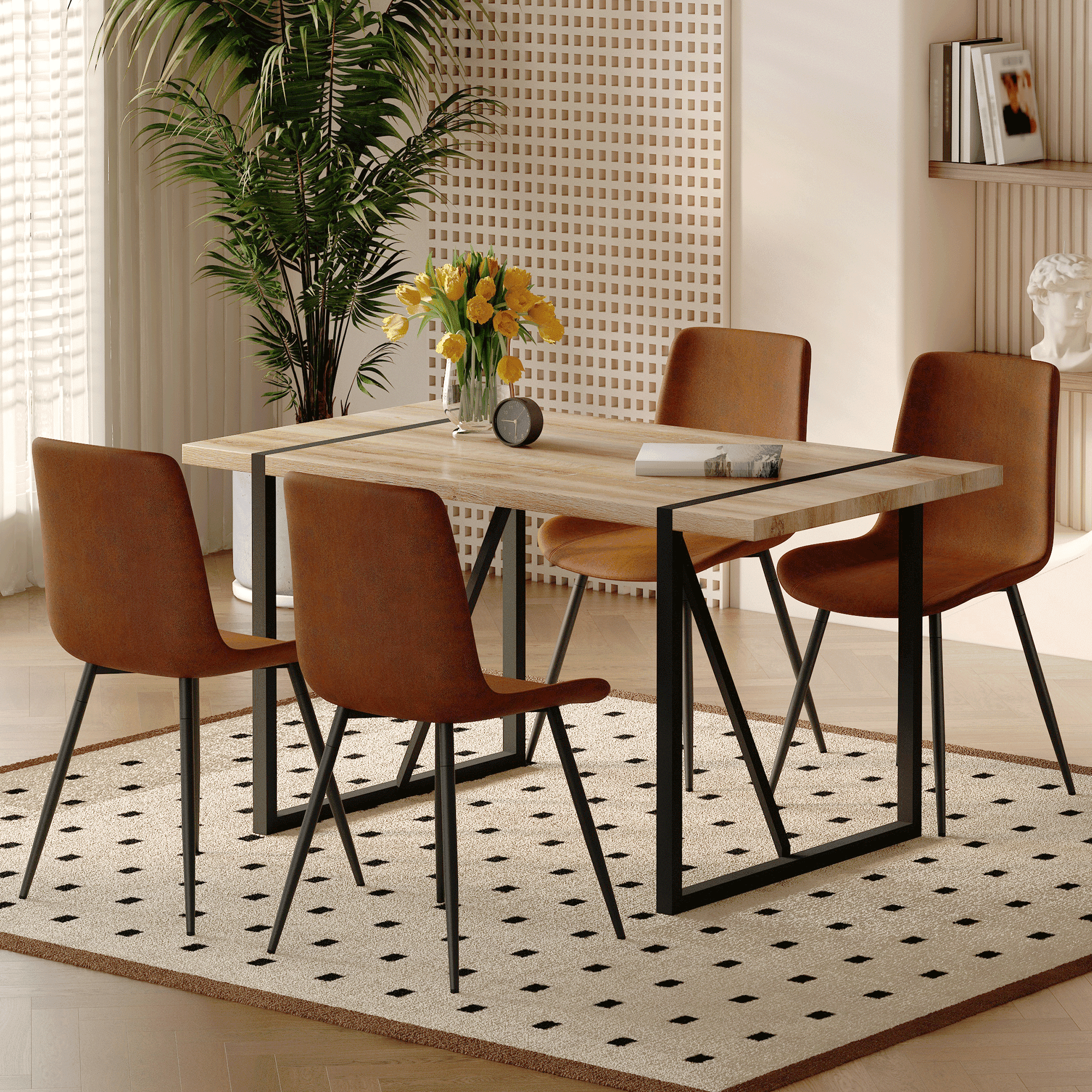 JUFU 55 Dining Table Set for 4, Modern Table and Chairs Set of 4, 5 Piece Dining Table Set Include Wooden Kitchen Table and 4 Faux Leather Chairs Ideal for Kitchen Dining Room Easy to Assemble