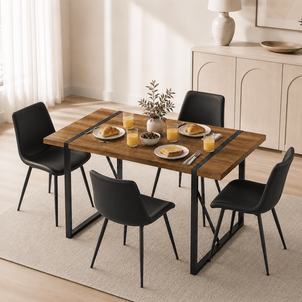 JUFU 55 Dining Table Set for 4, Modern Table and Chairs Set of 4, 5 Piece Dining Table Set Include Wooden Kitchen Table and 4 Faux Leather Chairs Ideal for Kitchen Dining Room Easy to Assemble