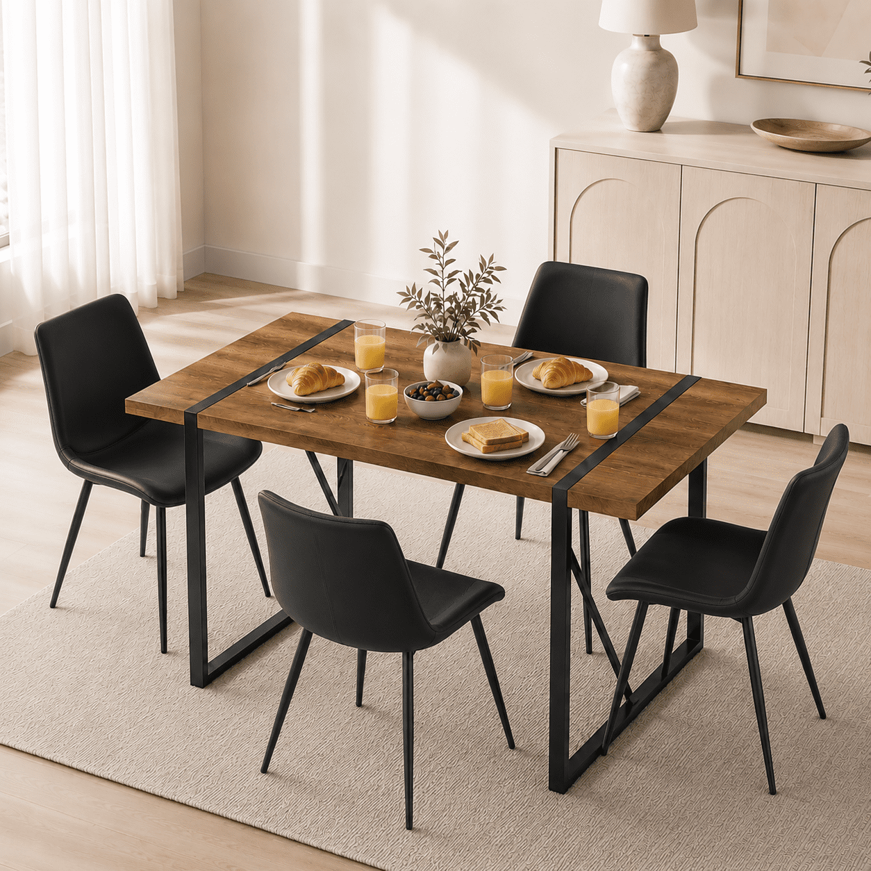 JUFU 55 Dining Table Set for 4, Modern Table and Chairs Set of 4, 5 Piece Dining Table Set Include Wooden Kitchen Table and 4 Faux Leather Chairs Ideal for Kitchen Dining Room Easy to Assemble