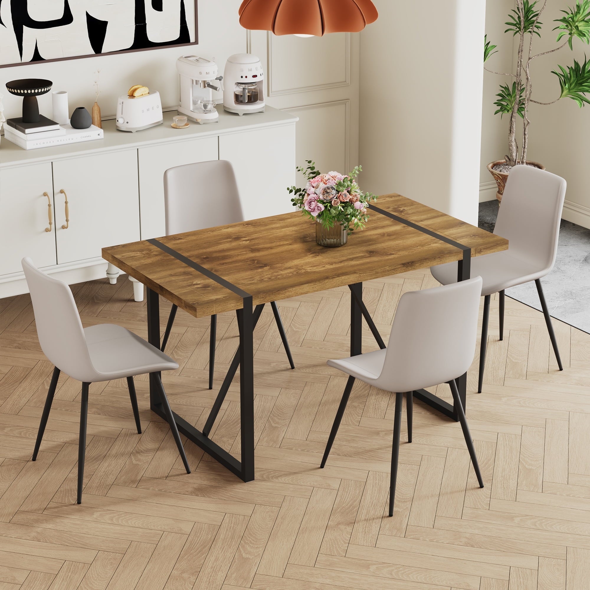 JUFU 55 Dining Table Set for 4, Modern Table and Chairs Set of 4, 5 Piece Dining Table Set Include Wooden Kitchen Table and 4 Faux Leather Chairs Ideal for Kitchen Dining Room Easy to Assemble