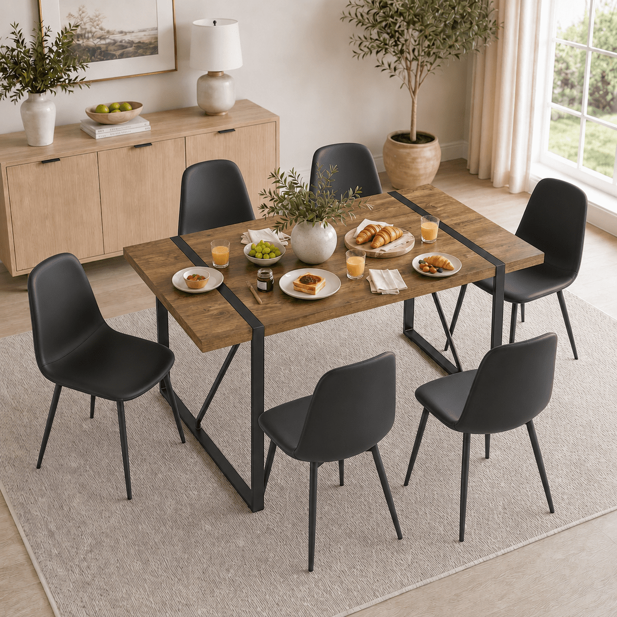 JUFU 55 Dining Table Set for 4, Modern Table and Chairs Set of 4, 5 Piece Dining Table Set Include Wooden Kitchen Table and 4 Faux Leather Chairs Ideal for Kitchen Dining Room Easy to Assemble