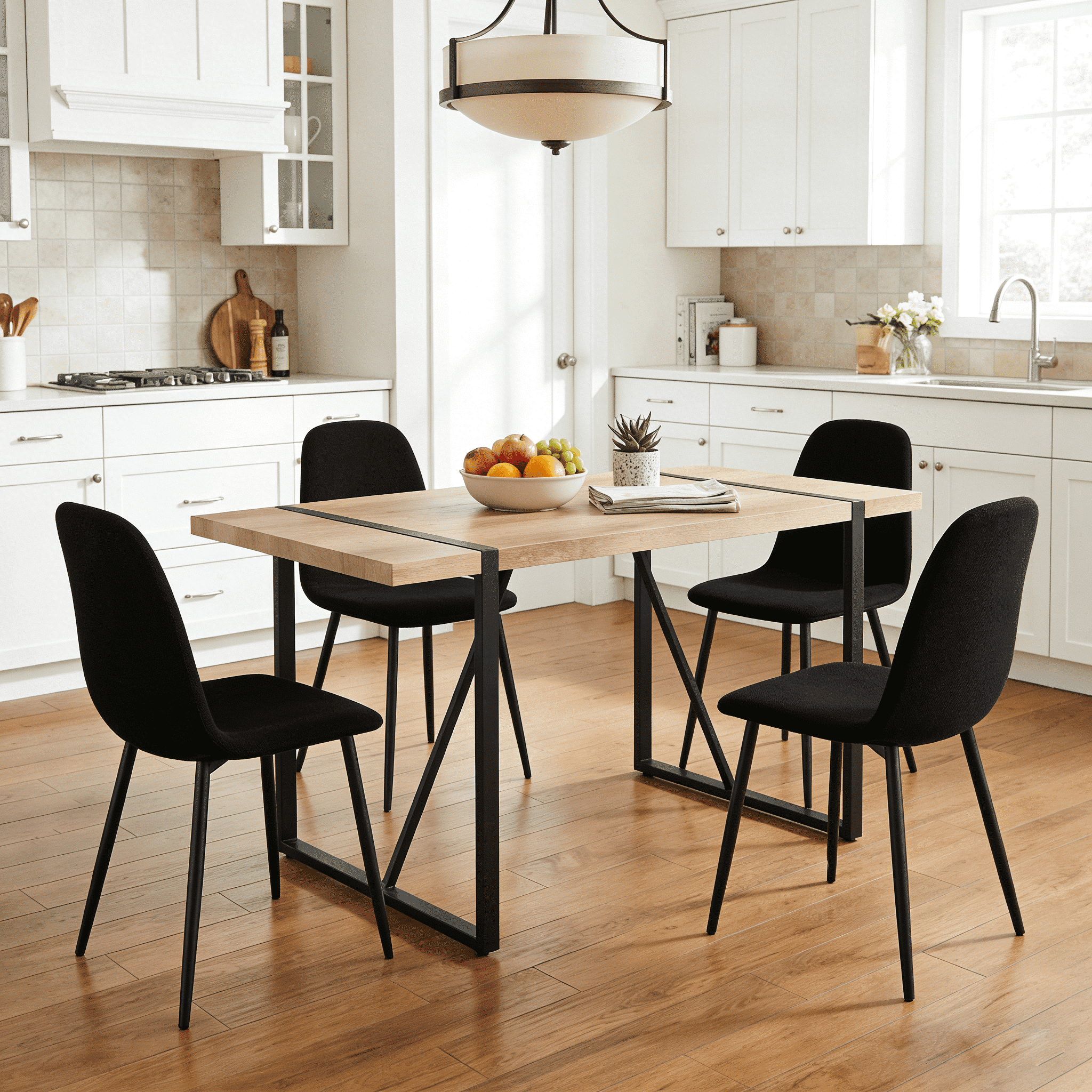 JUFU 55 Dining Table Set for 4, Modern Table and Chairs Set of 4, 5 Piece Dining Table Set Include Wooden Kitchen Table and 4 Faux Leather Chairs Ideal for Kitchen Dining Room Easy to Assemble