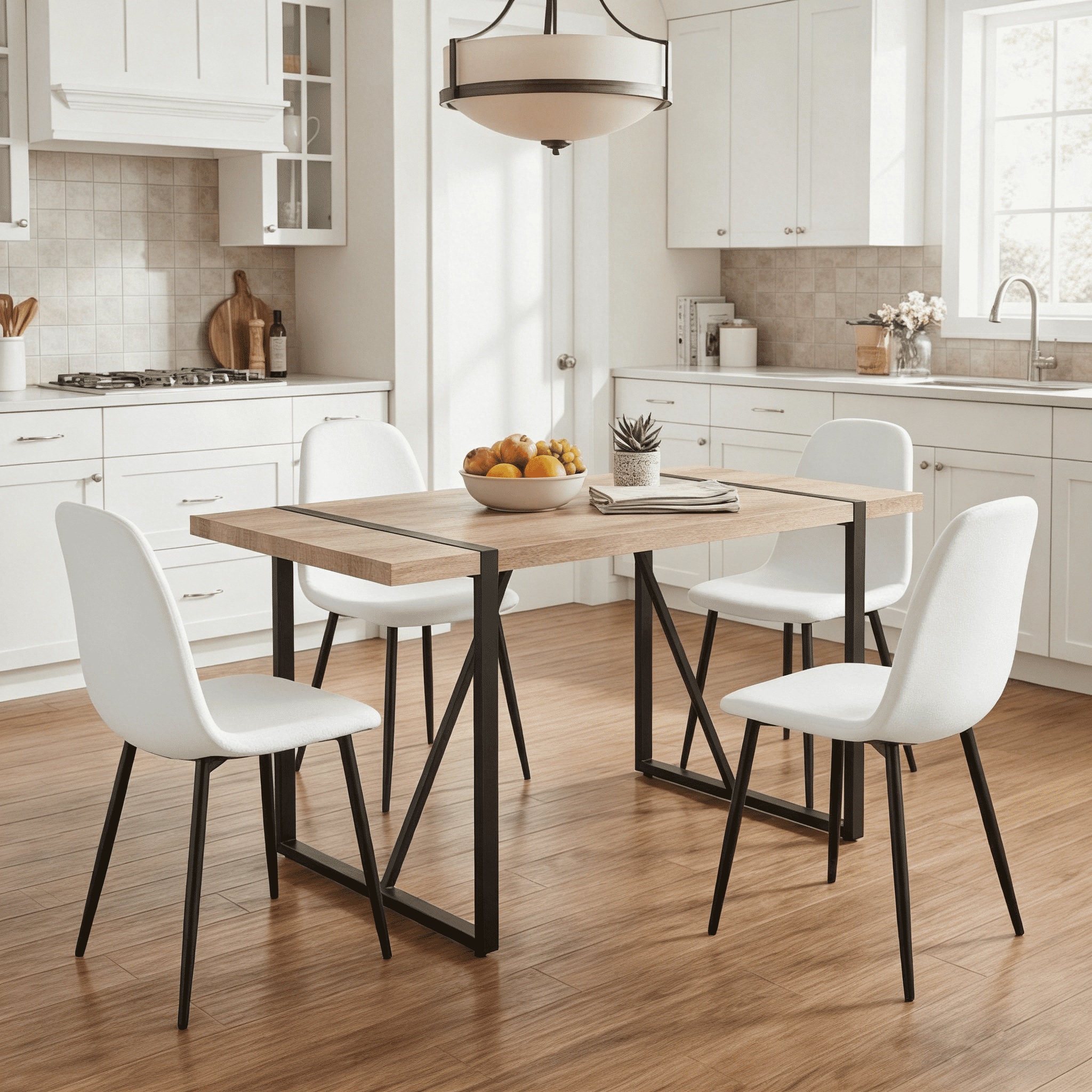 JUFU 55 Dining Table Set for 4, Modern Table and Chairs Set of 4, 5 Piece Dining Table Set Include Wooden Kitchen Table and 4 Faux Leather Chairs Ideal for Kitchen Dining Room Easy to Assemble