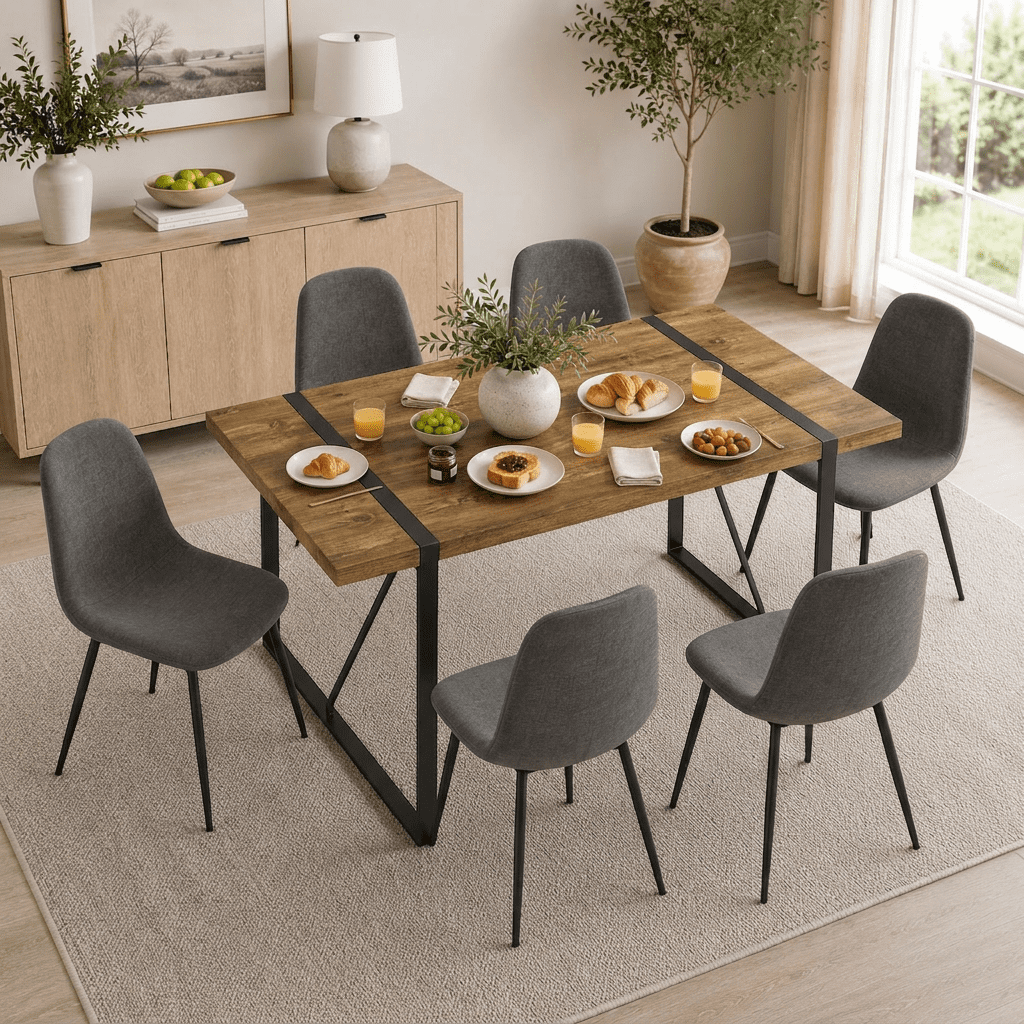 JUFU 55 Dining Table Set for 4, Modern Table and Chairs Set of 4, 5 Piece Dining Table Set Include Wooden Kitchen Table and 4 Faux Leather Chairs Ideal for Kitchen Dining Room Easy to Assemble