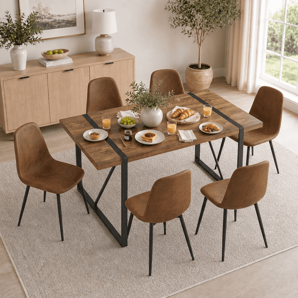 JUFU 55 Dining Table Set for 4, Modern Table and Chairs Set of 4, 5 Piece Dining Table Set Include Wooden Kitchen Table and 4 Faux Leather Chairs Ideal for Kitchen Dining Room Easy to Assemble