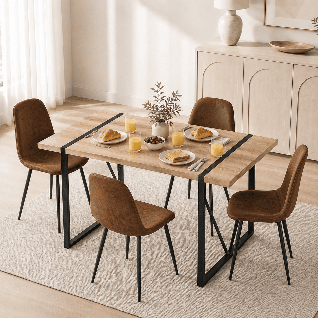 JUFU 55 Dining Table Set for 4, Modern Table and Chairs Set of 4, 5 Piece Dining Table Set Include Wooden Kitchen Table and 4 Faux Leather Chairs Ideal for Kitchen Dining Room Easy to Assemble