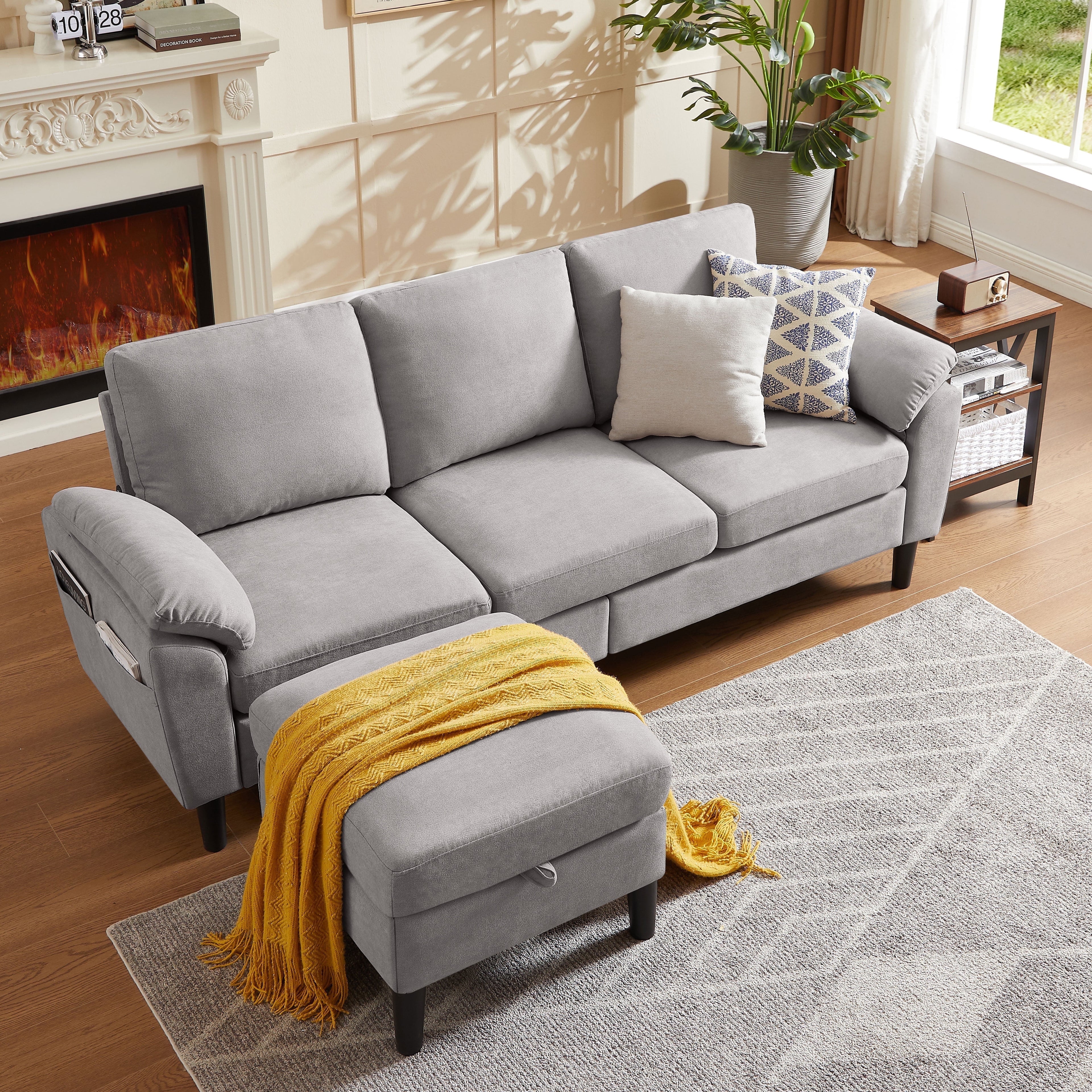 Jarenie 80 Convertible Sectional Sofa, Small L Shaped 3 Seat Couch with Reversible Storage Chaise, Modern Polyester Fabric Sofa Couches for Living Room, Apartment and Small Space, Beige