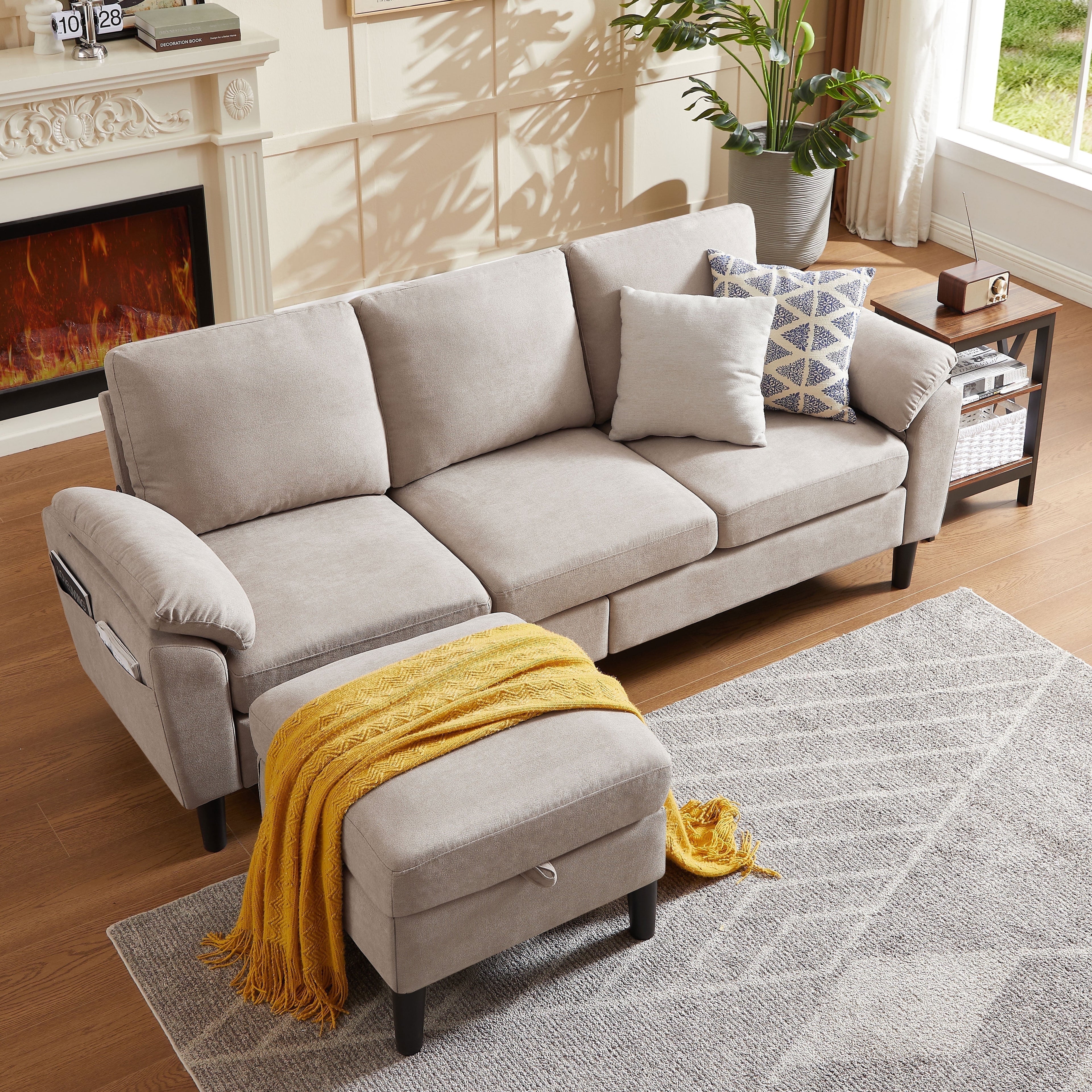 Jarenie 80 Convertible Sectional Sofa, Small L Shaped 3 Seat Couch with Reversible Storage Chaise, Modern Polyester Fabric Sofa Couches for Living Room, Apartment and Small Space, Beige