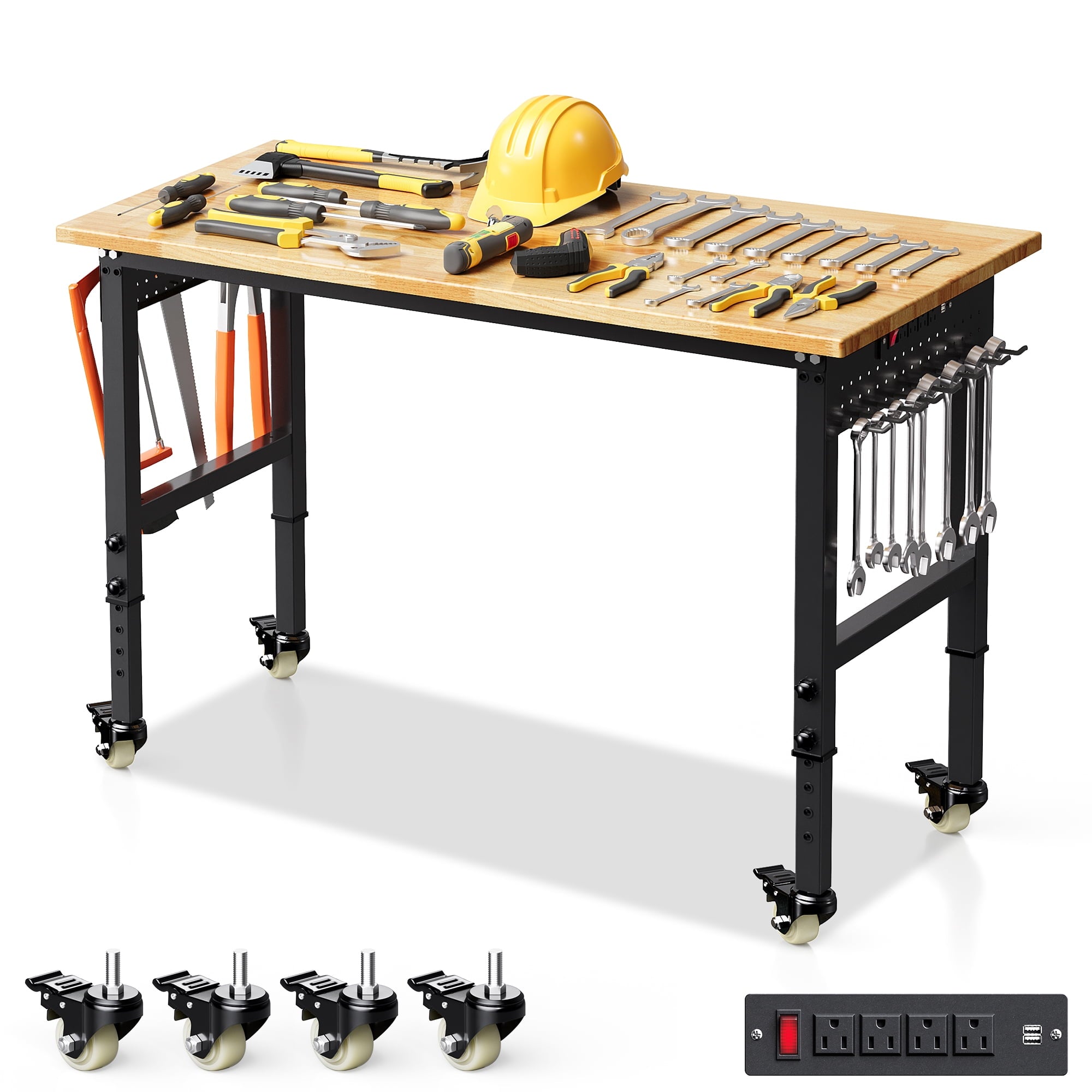 Joywind 60 Heavy-Duty Adjustable Workbench with Locking Wheels, Power Strip & Pegboard – Rubber Wood Work Table for Garage, Workshop, Home Office