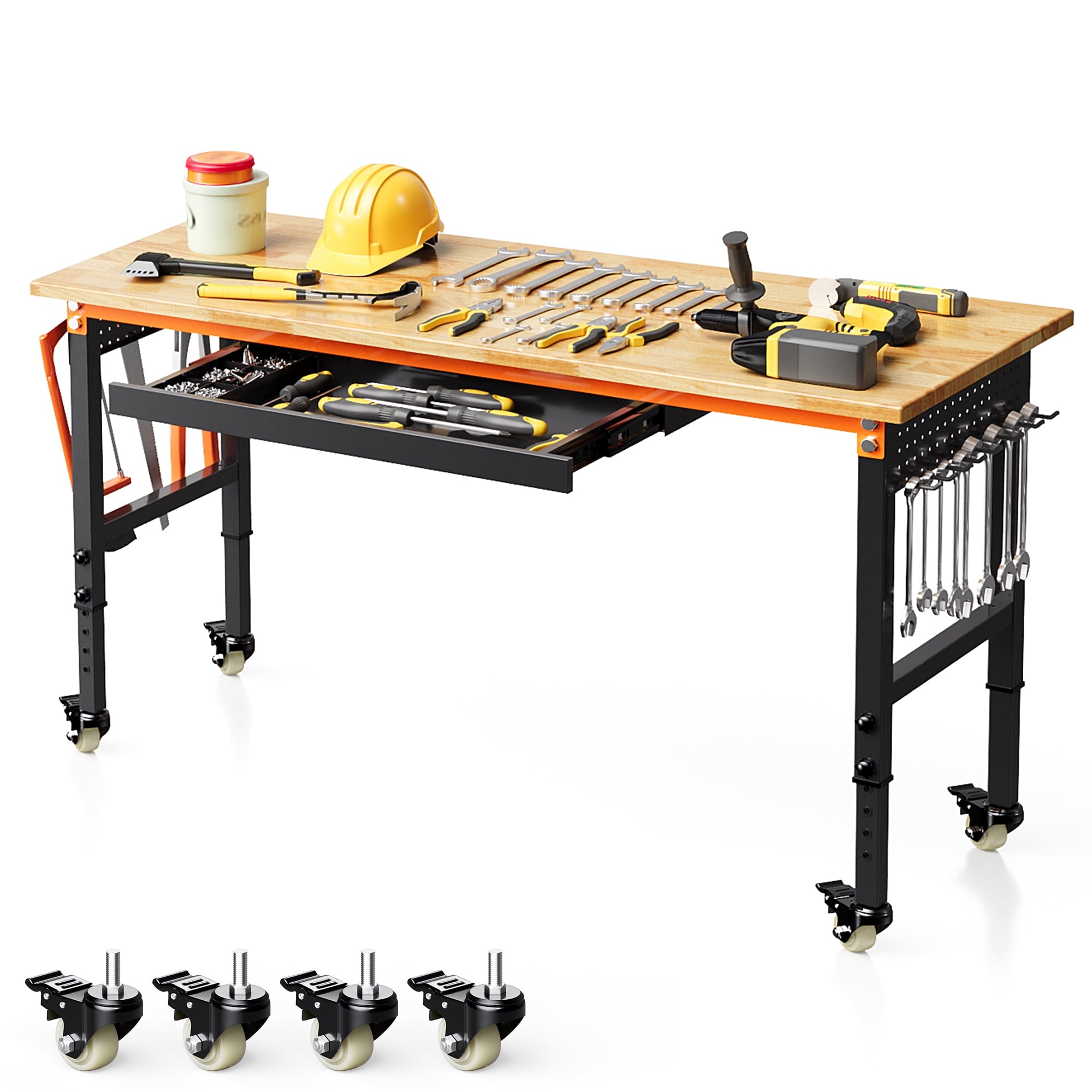 Joywind 60 Heavy-Duty Adjustable Workbench with Locking Wheels, Power Strip & Pegboard – Rubber Wood Work Table for Garage, Workshop, Home Office