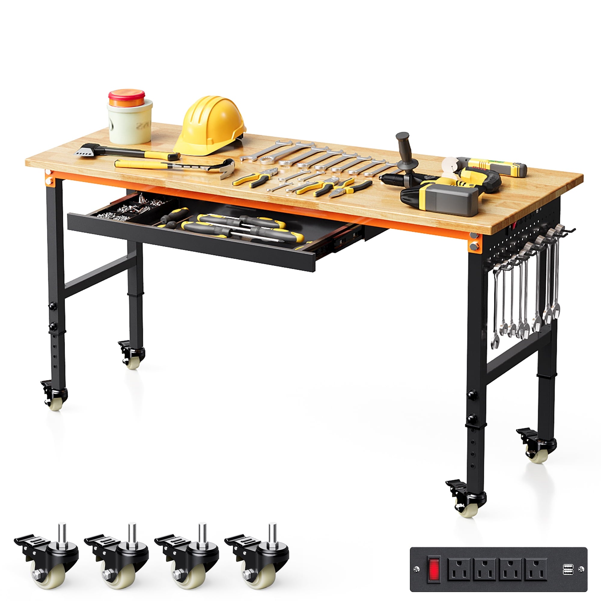 Joywind 60 Heavy-Duty Adjustable Workbench with Locking Wheels, Power Strip & Pegboard – Rubber Wood Work Table for Garage, Workshop, Home Office