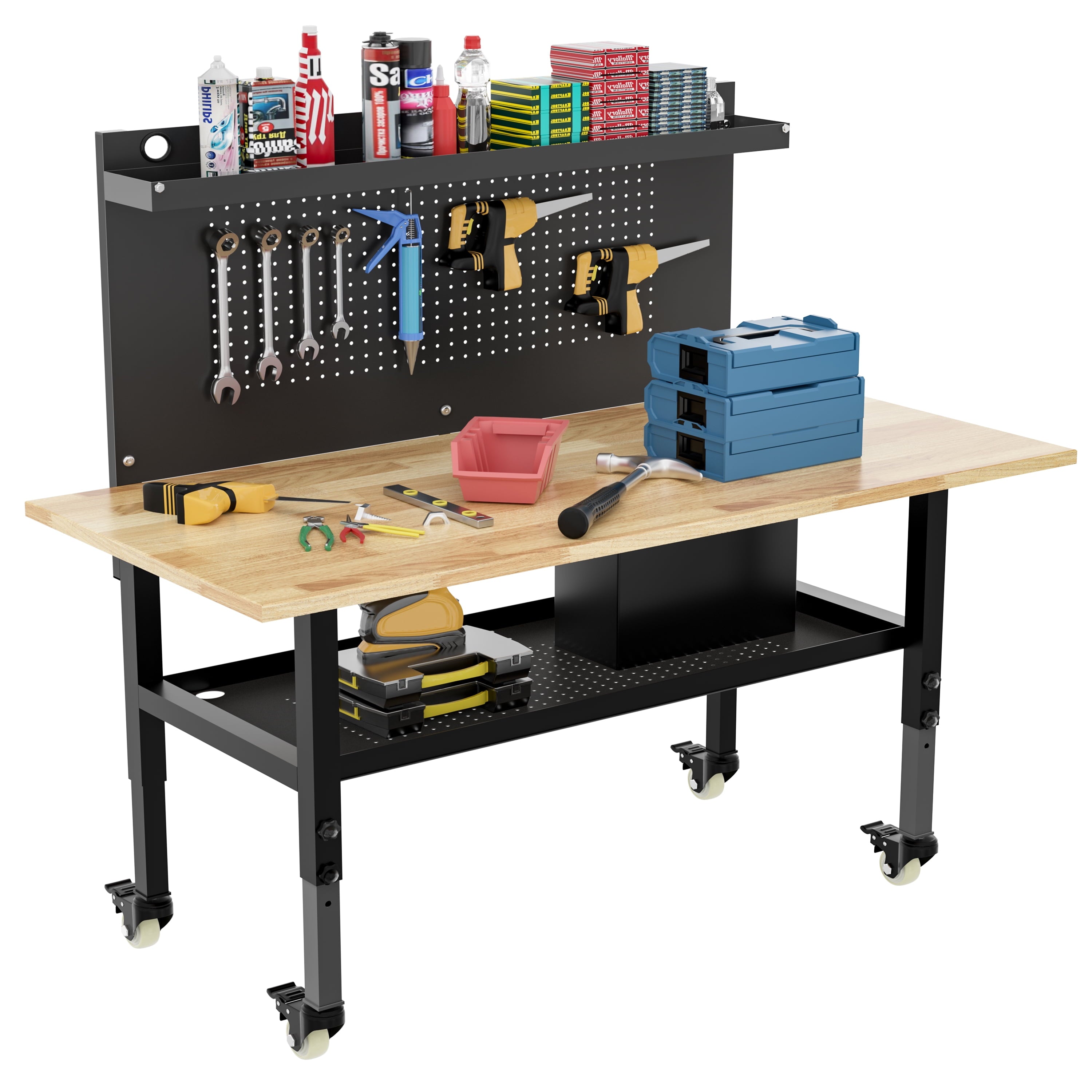 Joywind 60 Heavy-Duty Adjustable Workbench with Locking Wheels, Power Strip & Pegboard – Rubber Wood Work Table for Garage, Workshop, Home Office