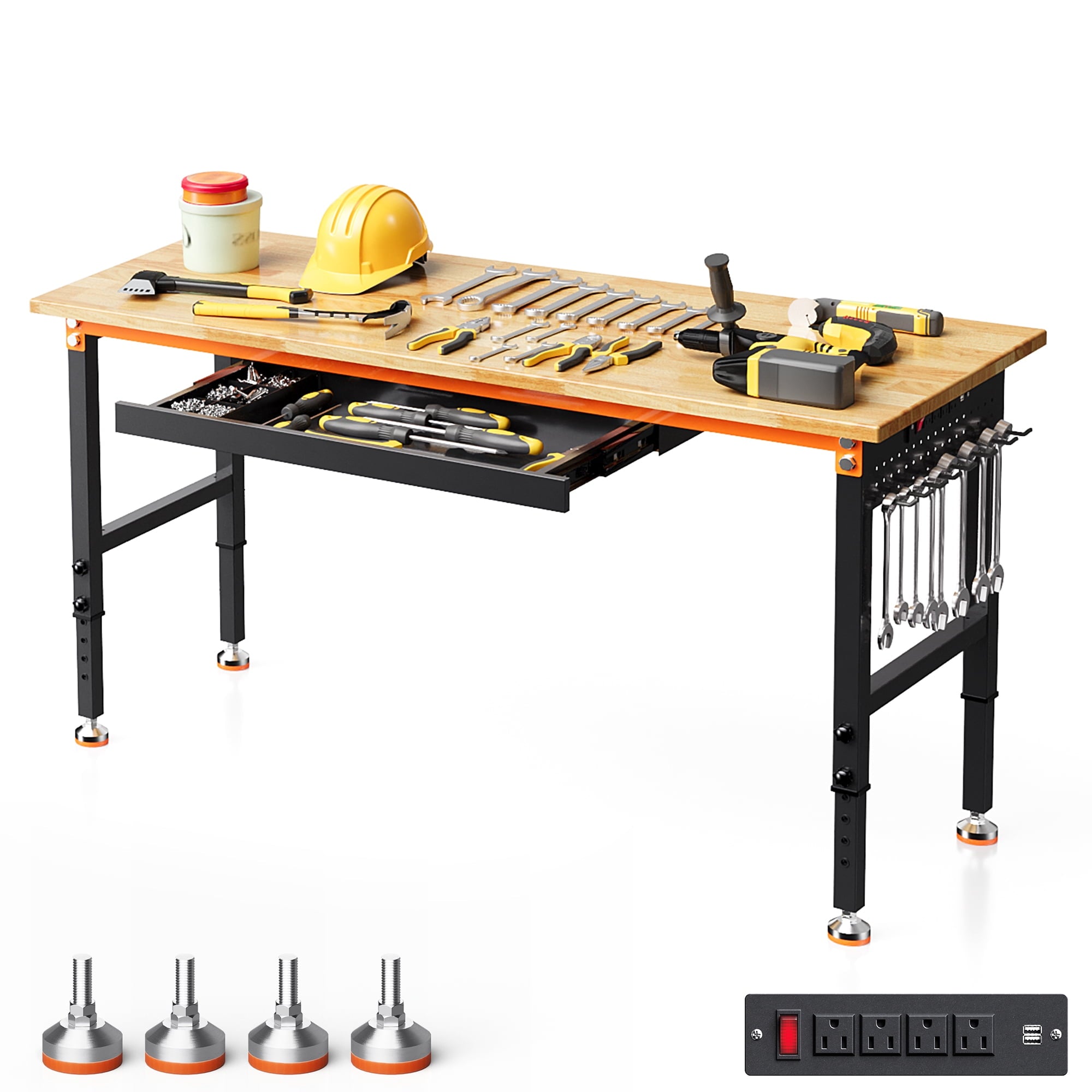 Joywind 60 Heavy-Duty Adjustable Workbench with Locking Wheels, Power Strip & Pegboard – Rubber Wood Work Table for Garage, Workshop, Home Office